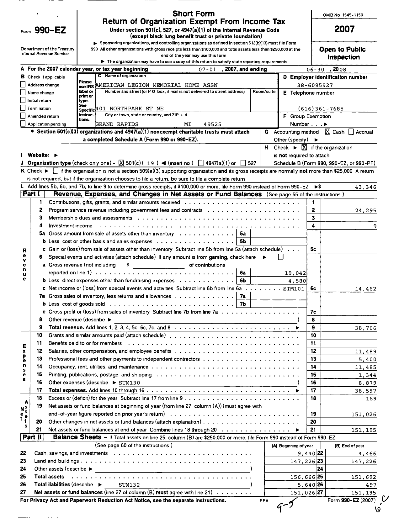 Image of first page of 2007 Form 990EO for American Legion Memorial Home Association