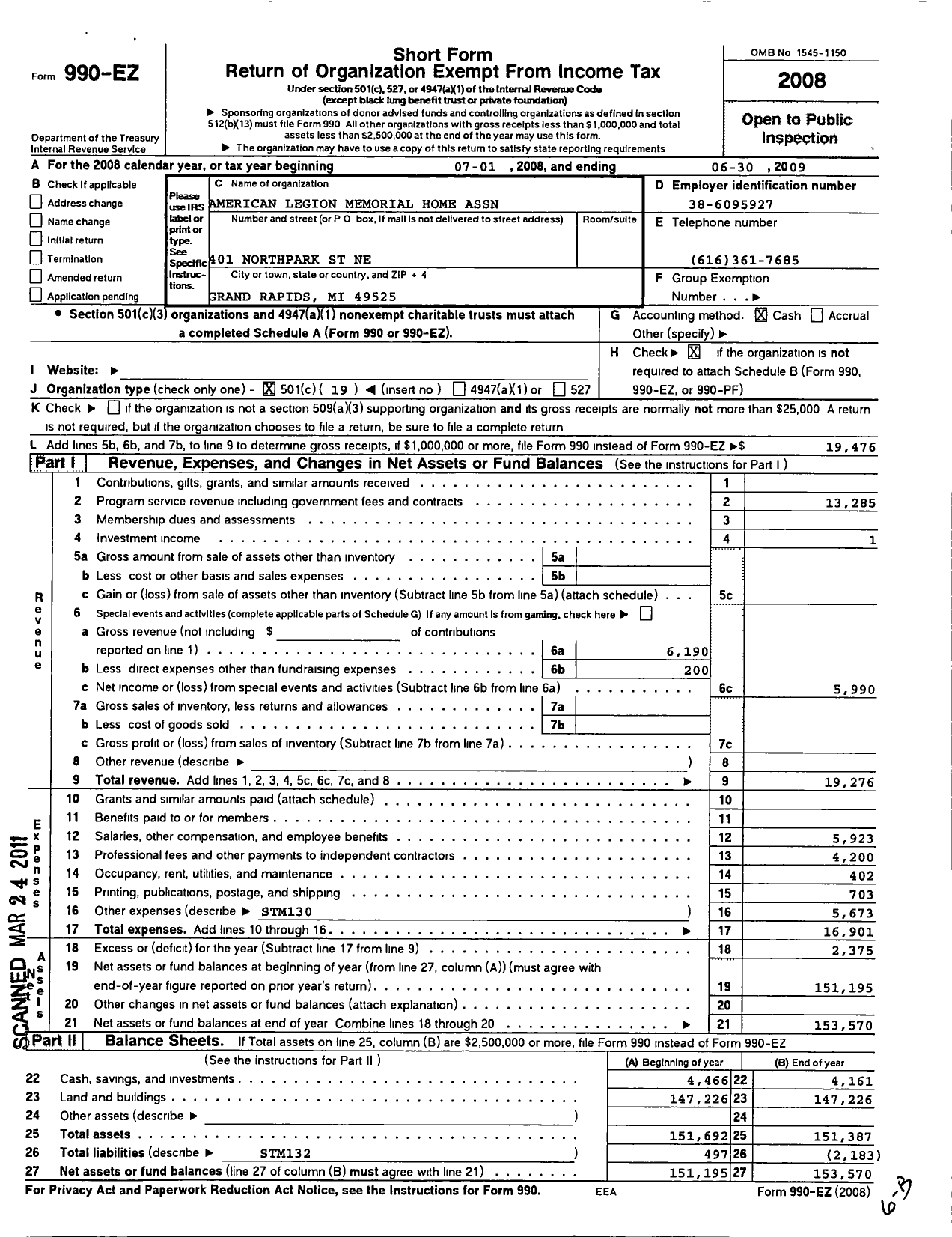 Image of first page of 2008 Form 990EO for American Legion Memorial Home Association