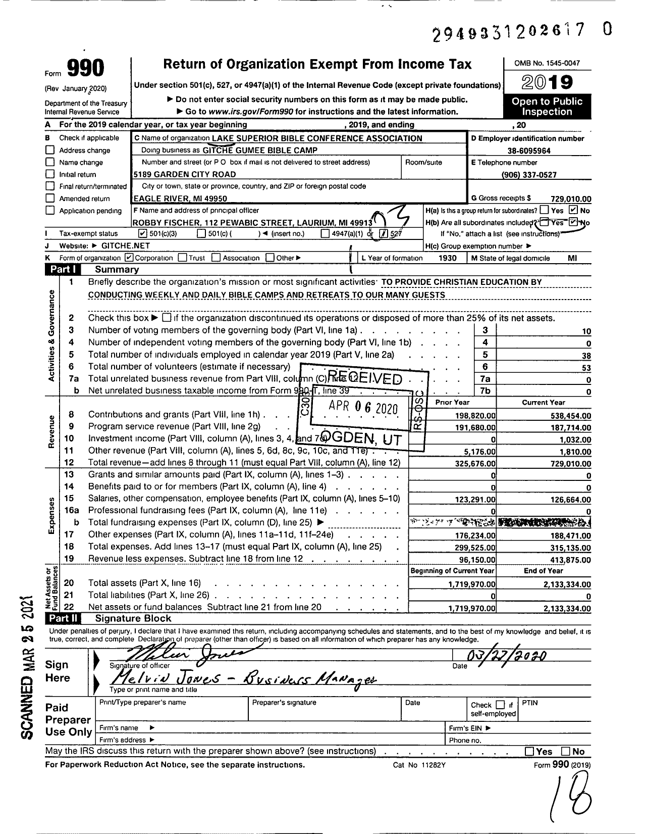 Image of first page of 2019 Form 990 for Lake Superior Bible Conferenance Association Gitche Gumee Bible Camp