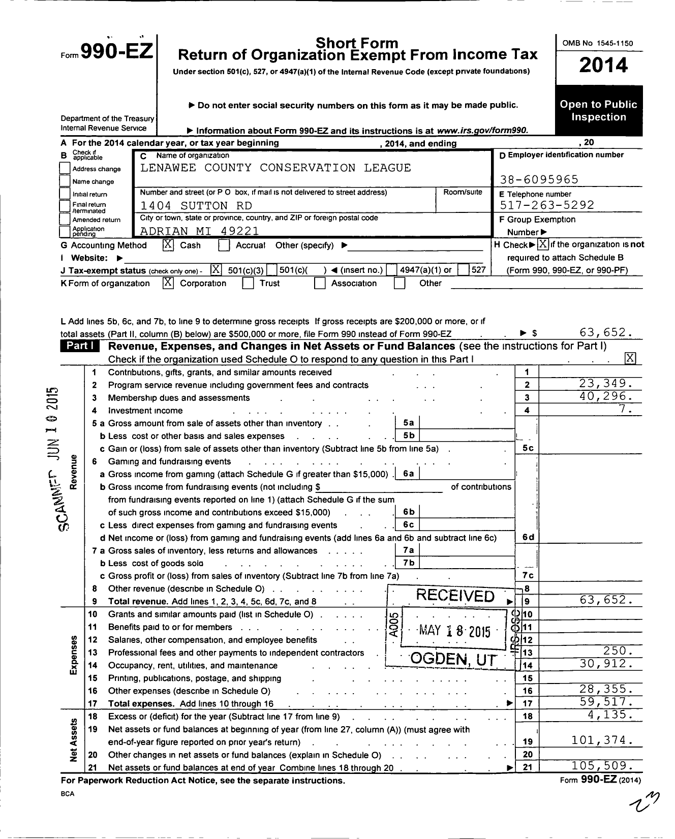 Image of first page of 2014 Form 990EZ for The Lenawee County Conservation League