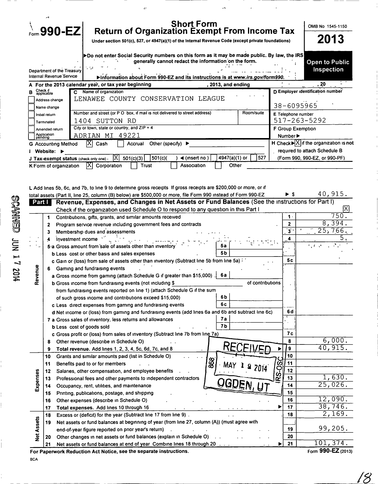 Image of first page of 2013 Form 990EZ for The Lenawee County Conservation League