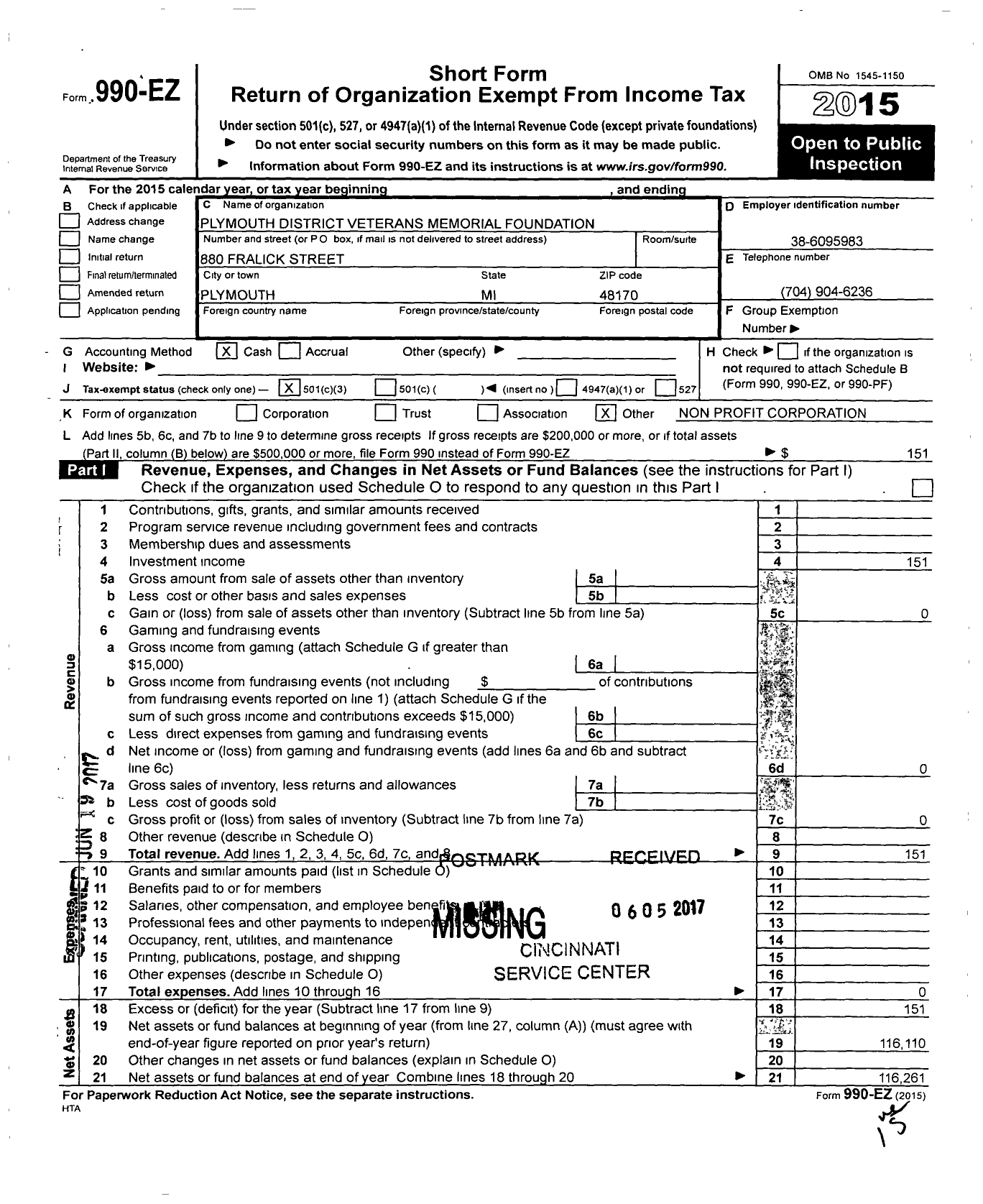 Image of first page of 2015 Form 990EZ for Plymouth District Veterans Memorial Foundation