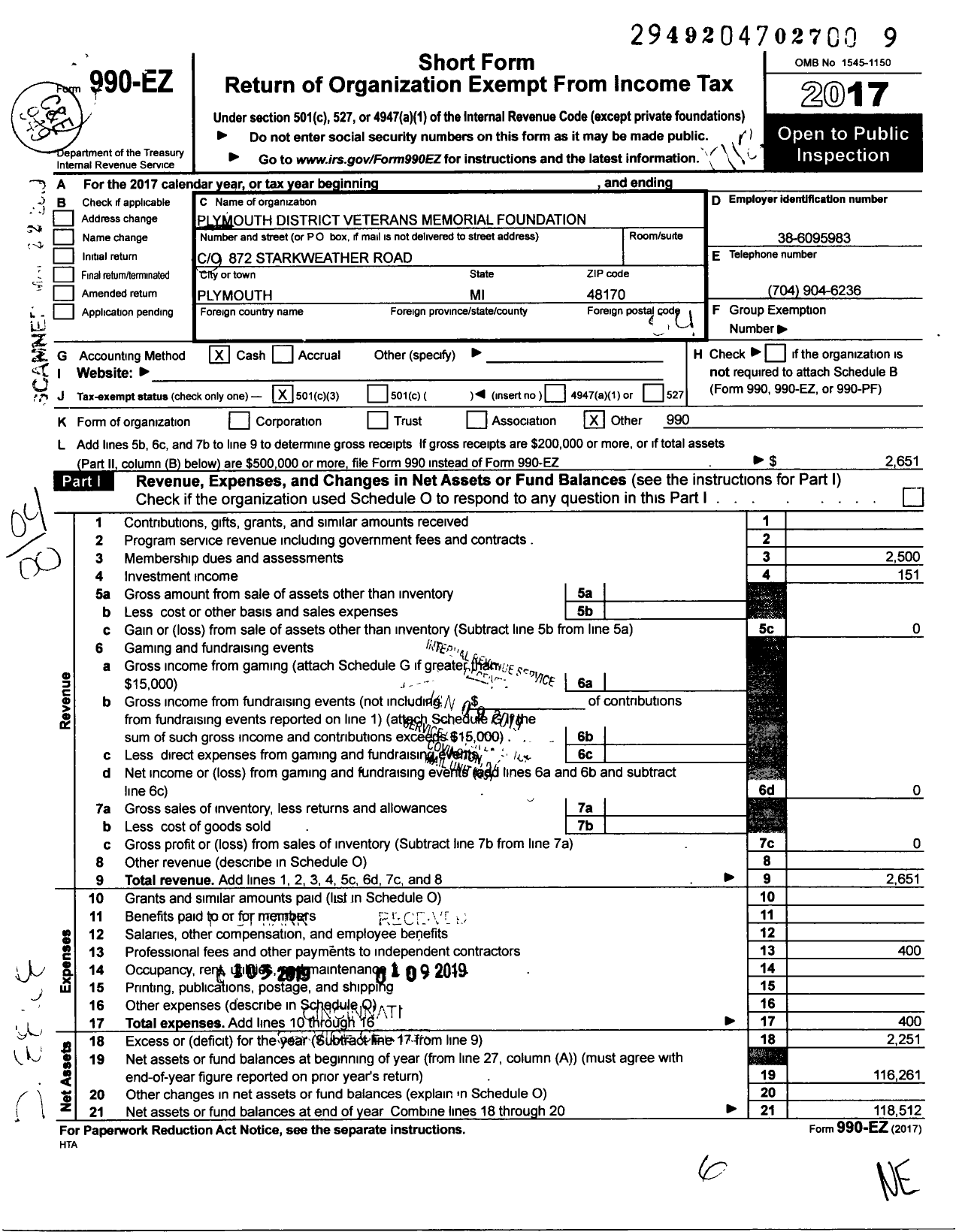 Image of first page of 2017 Form 990EO for Plymouth District Veterans Memorial Foundation