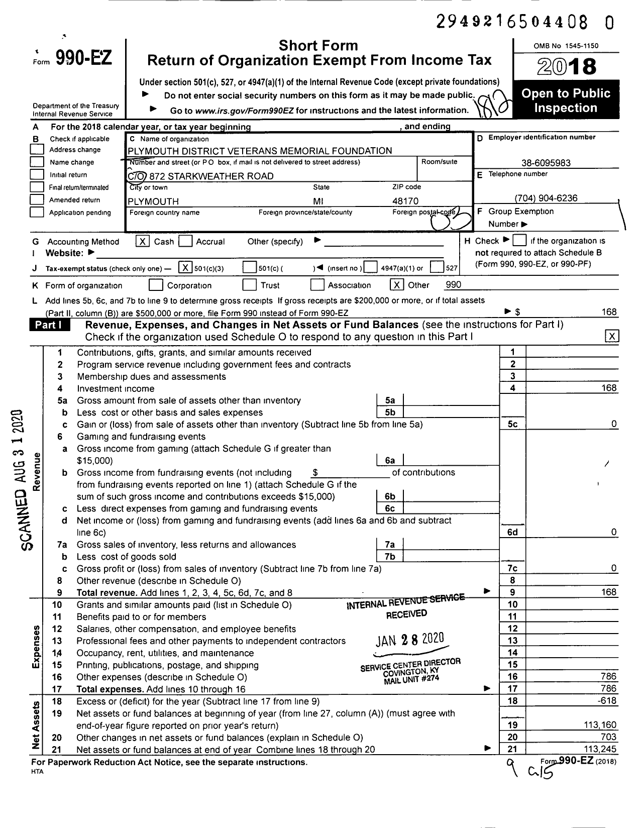 Image of first page of 2018 Form 990EZ for Plymouth District Veterans Memorial Foundation