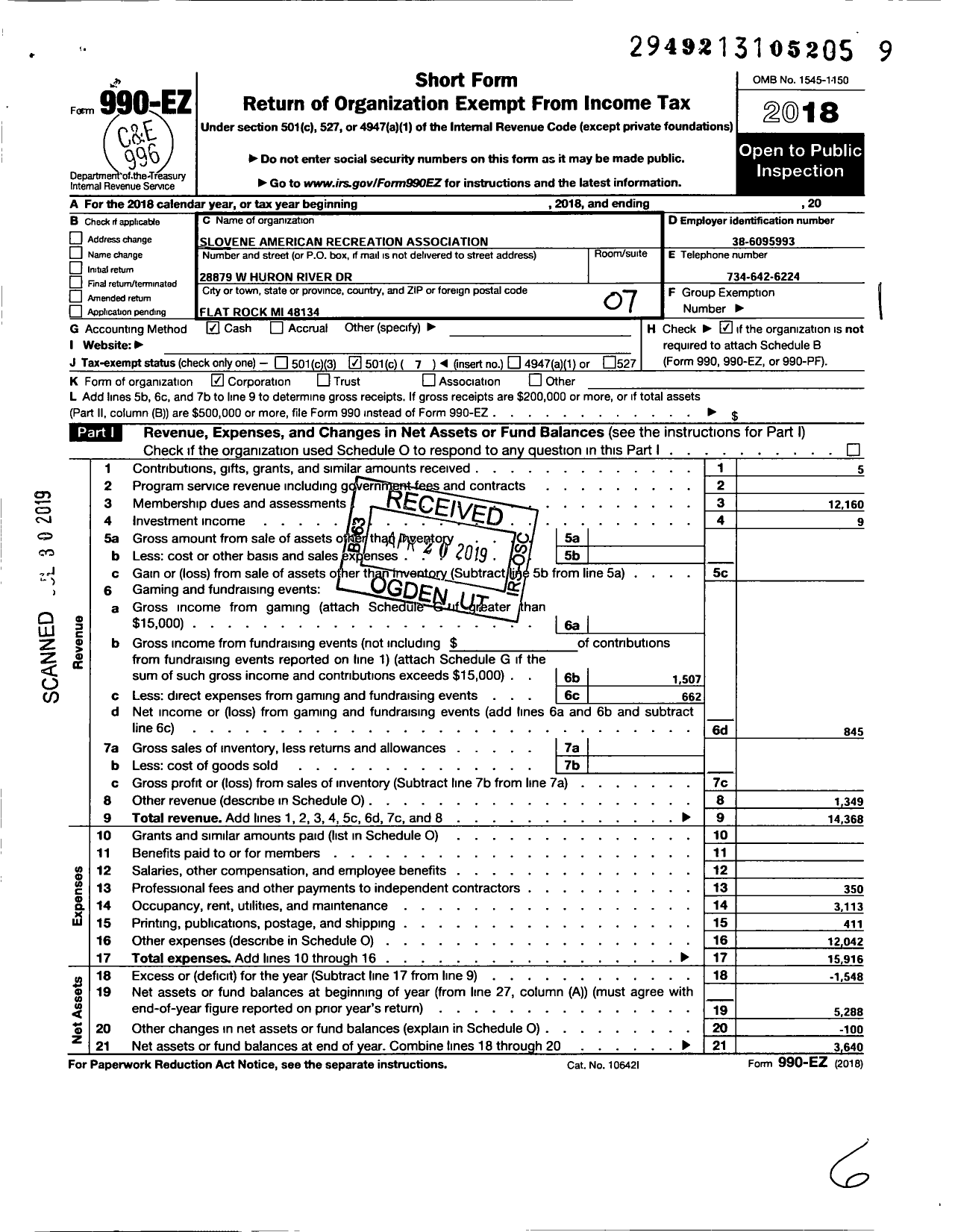 Image of first page of 2018 Form 990EO for Slovene American Recreation