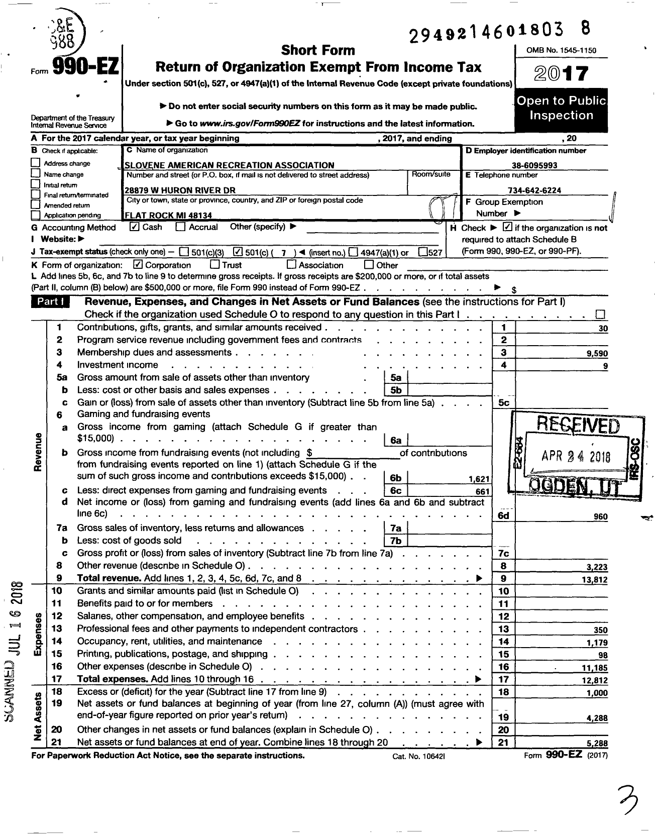 Image of first page of 2017 Form 990EO for Slovene American Recreation