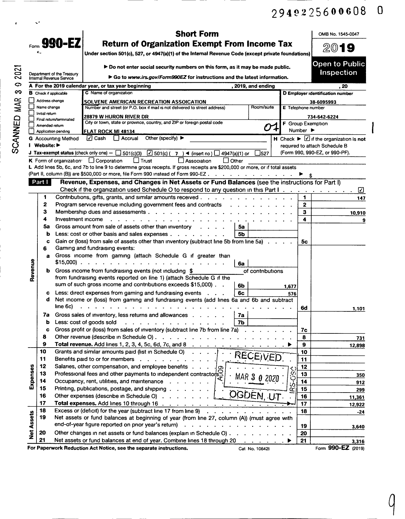 Image of first page of 2019 Form 990EO for Slovene American Recreation