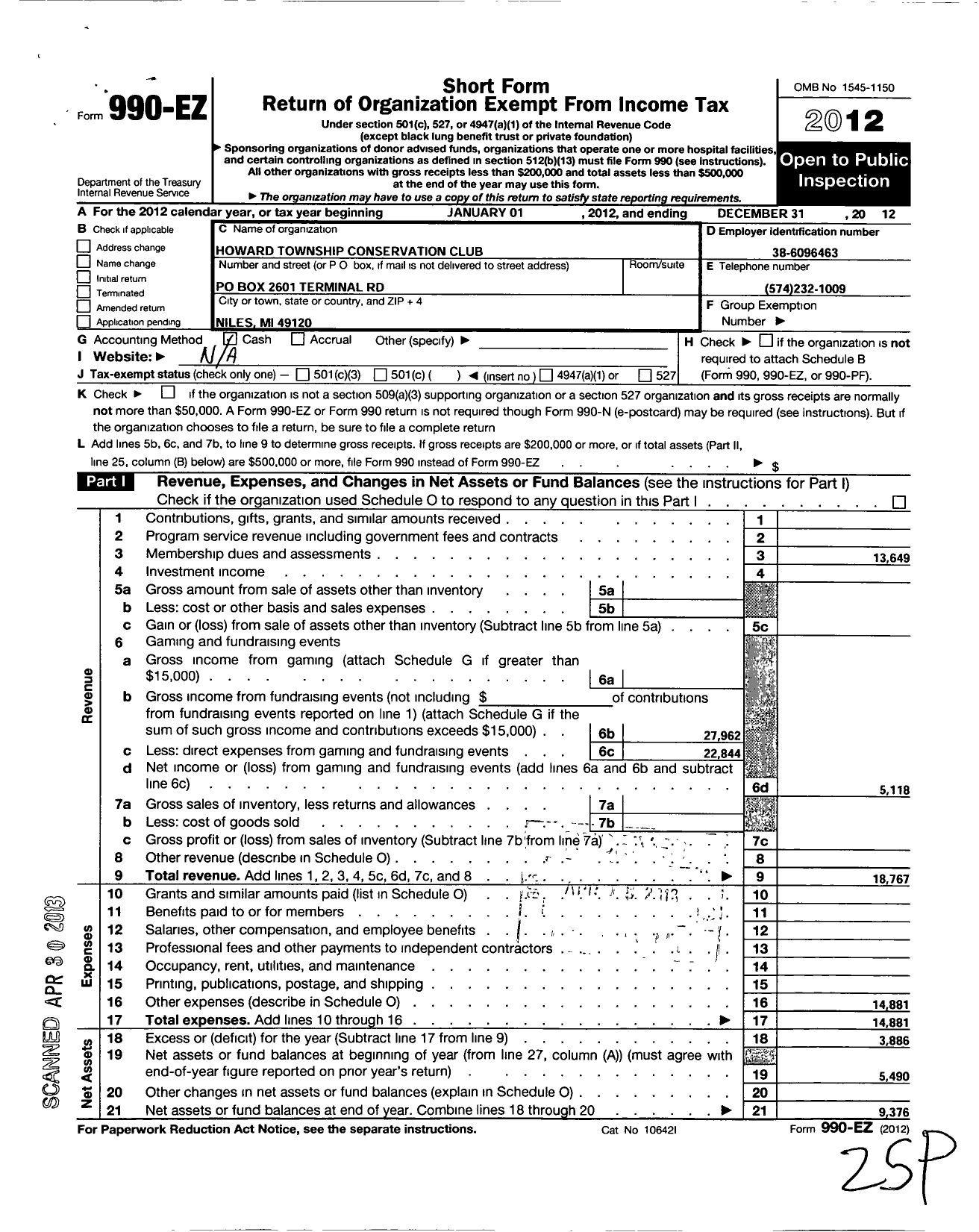 Image of first page of 2012 Form 990EO for Howard Township Conservation Club