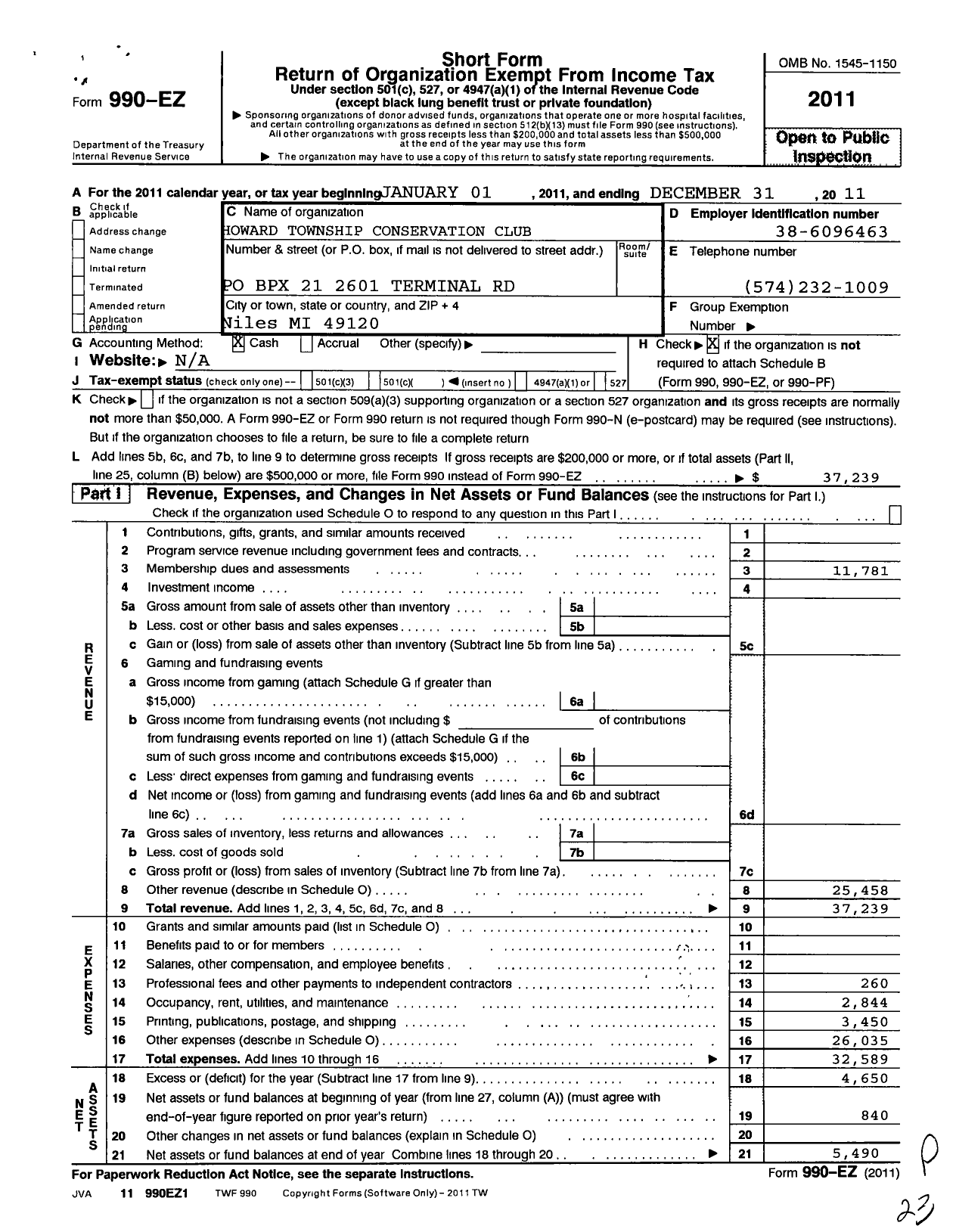 Image of first page of 2011 Form 990EO for Howard Township Conservation Club