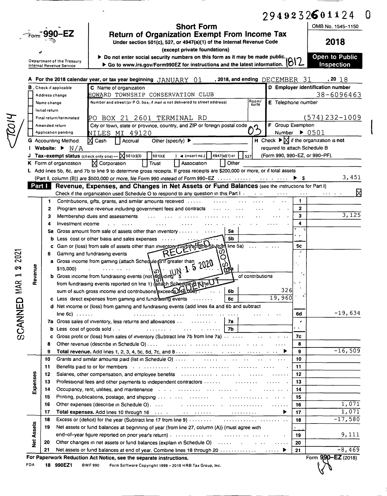 Image of first page of 2018 Form 990EZ for Howard Township Conservation Club