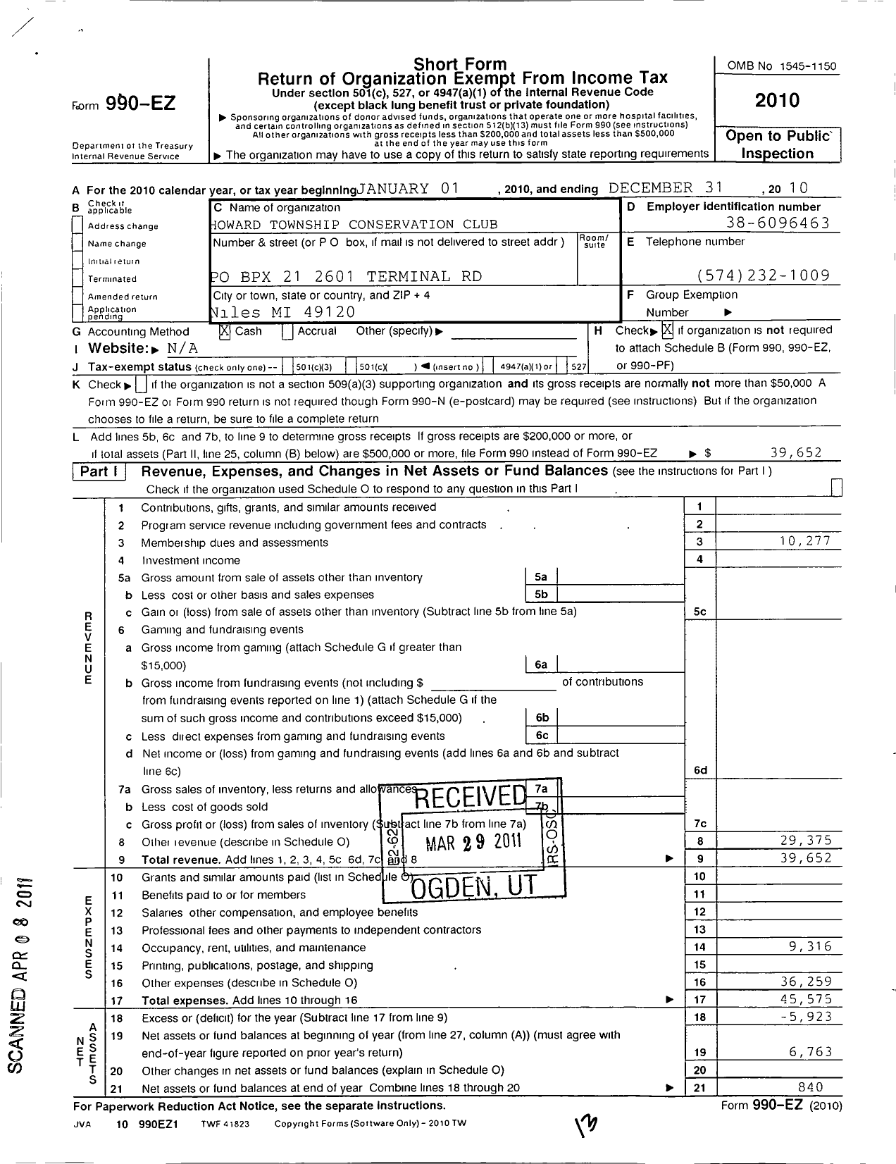 Image of first page of 2010 Form 990EO for Howard Township Conservation Club