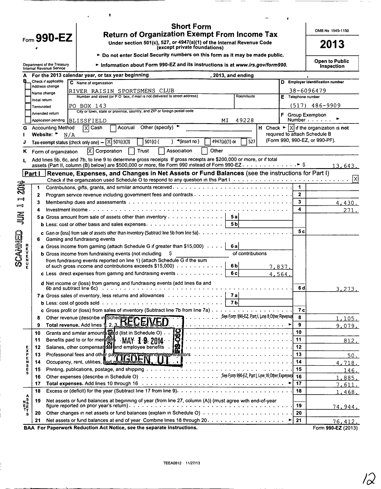 Image of first page of 2013 Form 990EZ for River Raisin Sportsmens Club