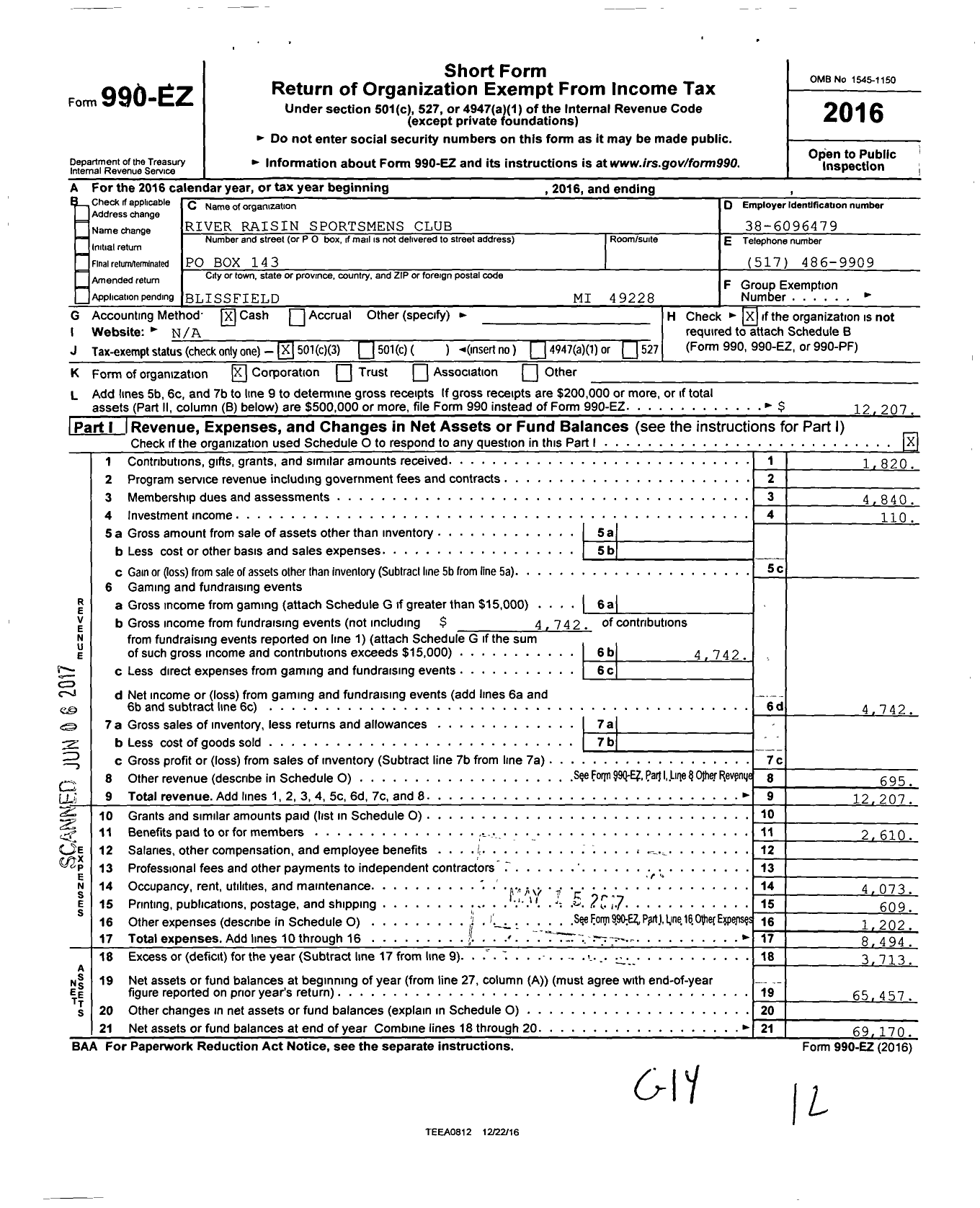 Image of first page of 2016 Form 990EZ for River Raisin Sportsmens Club