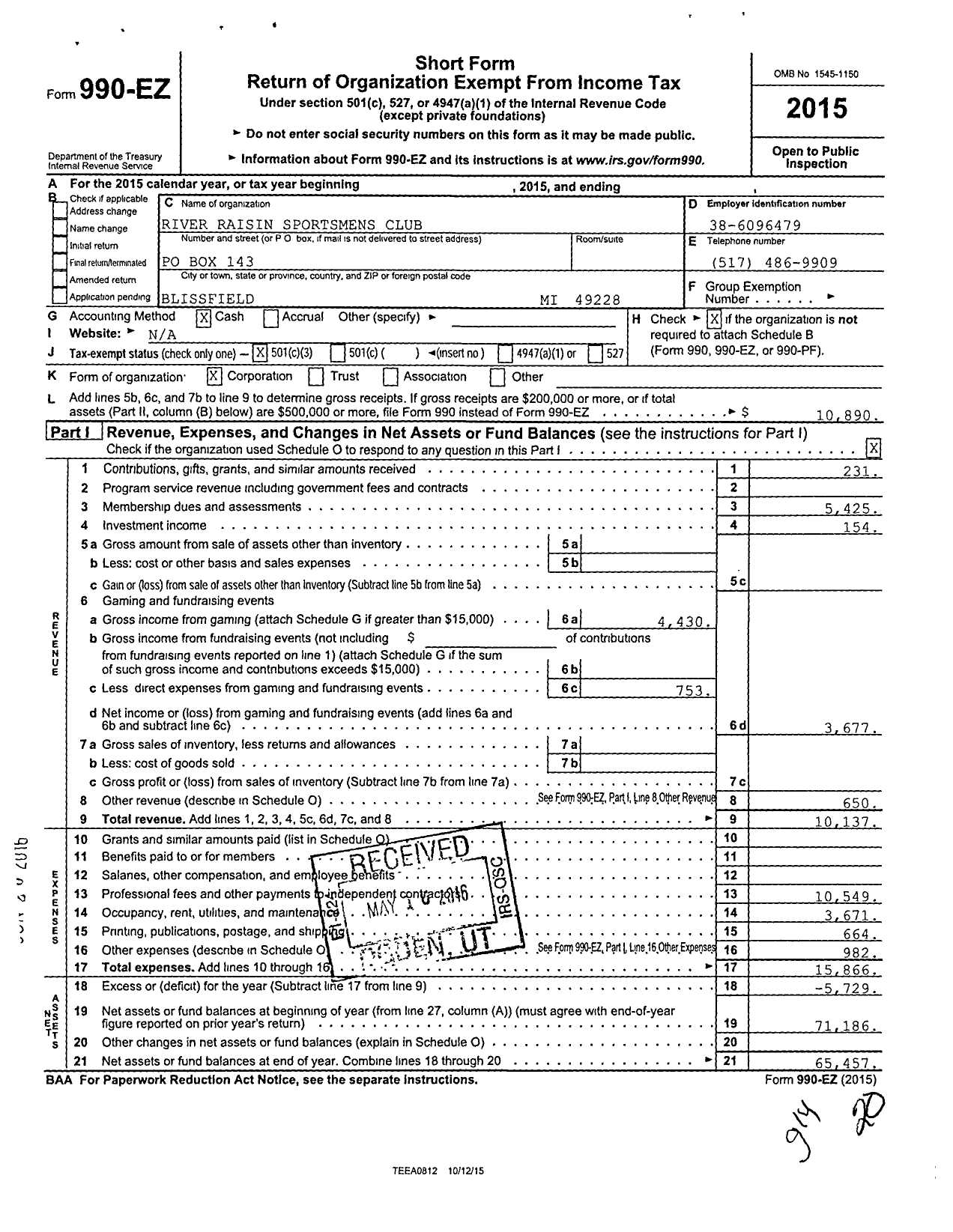 Image of first page of 2015 Form 990EZ for River Raisin Sportsmens Club