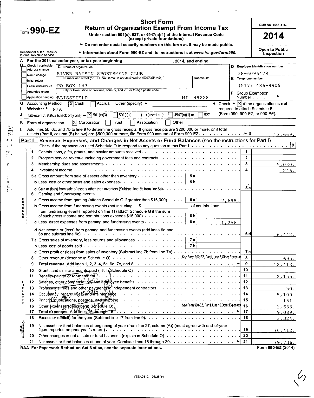 Image of first page of 2014 Form 990EZ for River Raisin Sportsmens Club