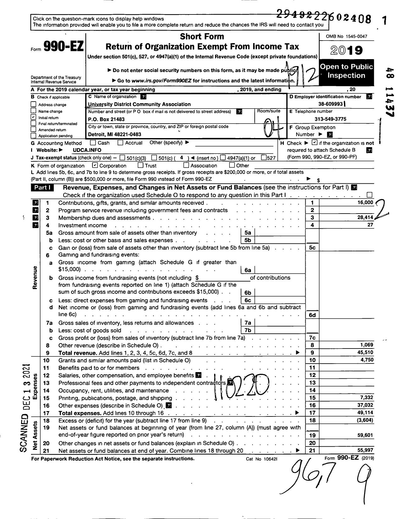 Image of first page of 2019 Form 990EO for University District Community Association Incorporated