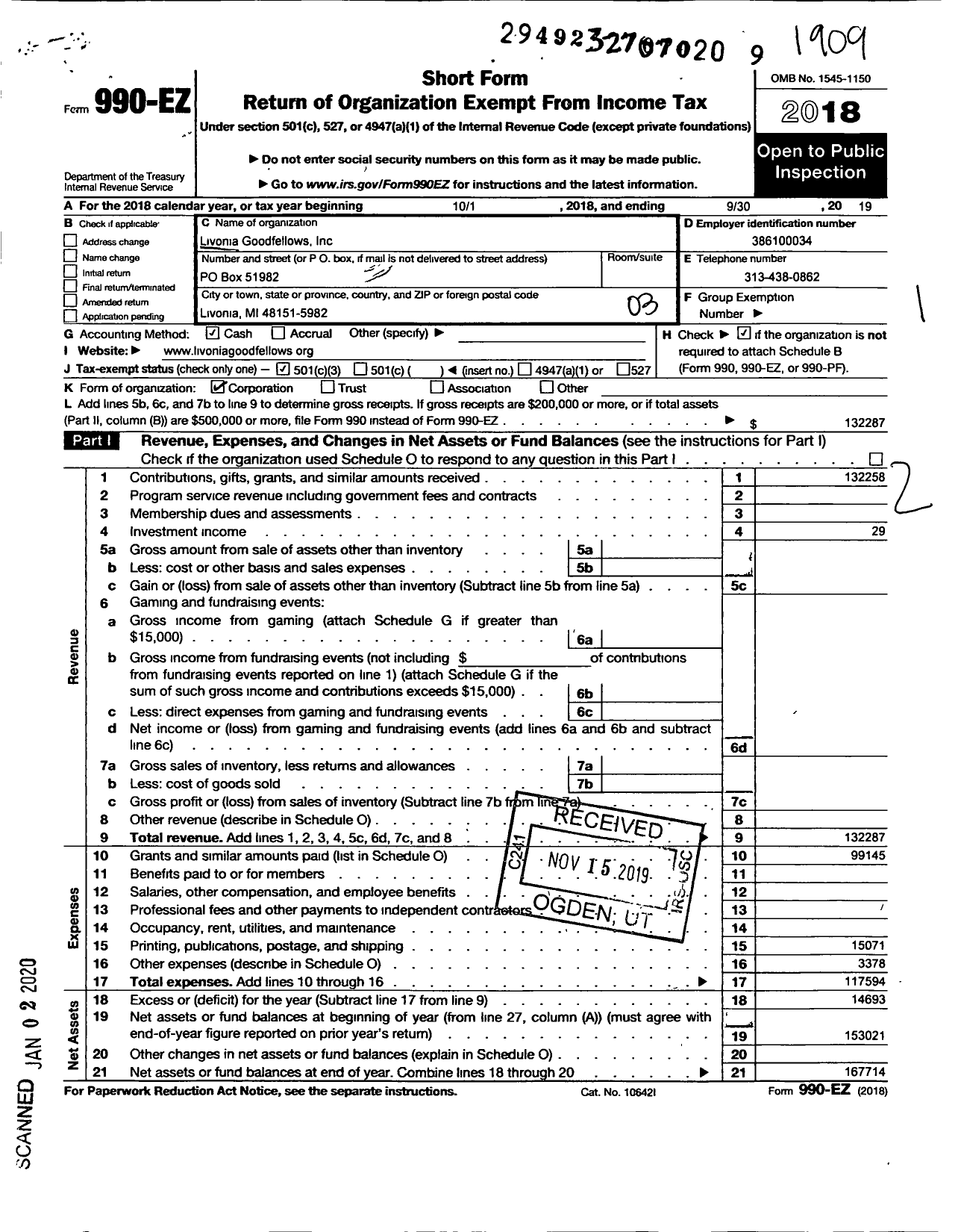 Image of first page of 2018 Form 990EZ for Livonia Goodfellows