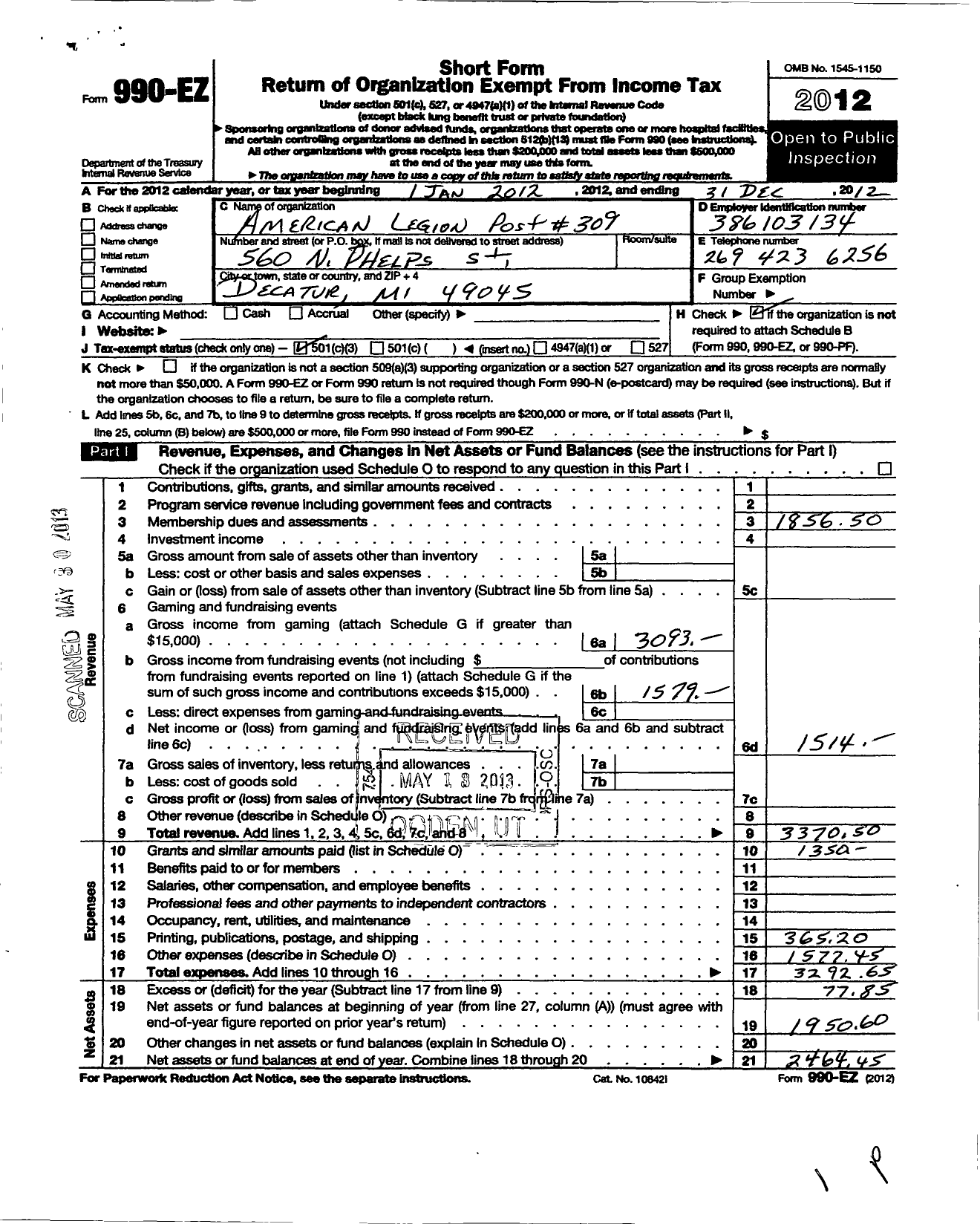 Image of first page of 2012 Form 990EZ for American Legion - 0309 Phoenix