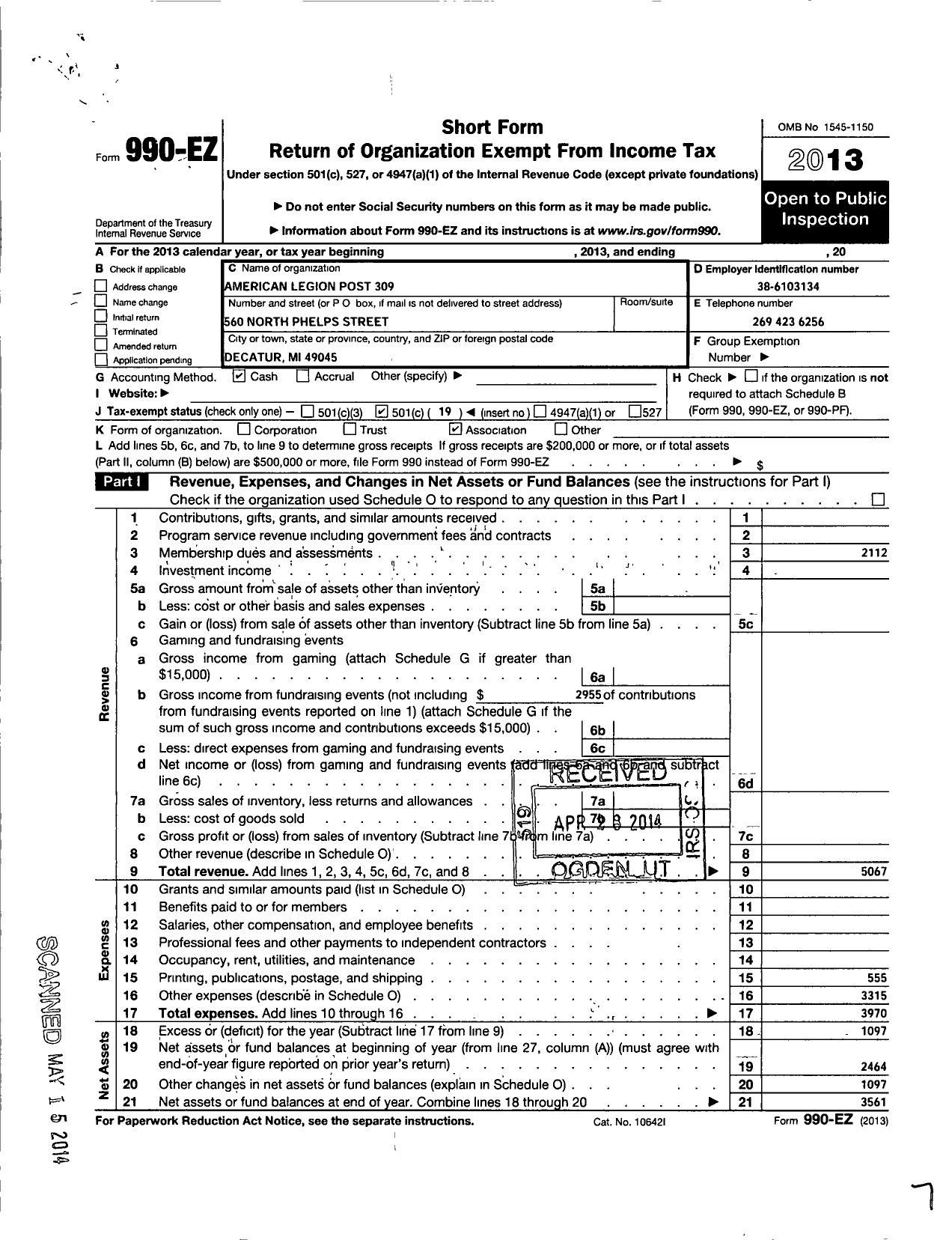 Image of first page of 2013 Form 990EO for American Legion - 0309 Phoenix