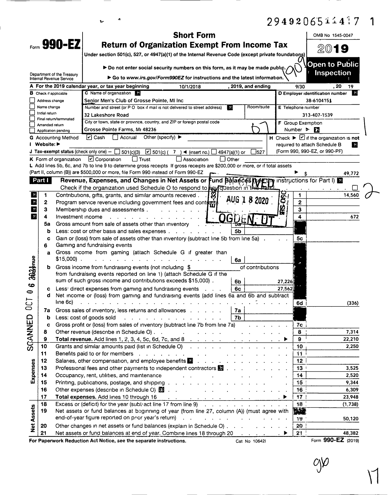 Image of first page of 2018 Form 990EO for Senior Mens Club of Grosse Pointe