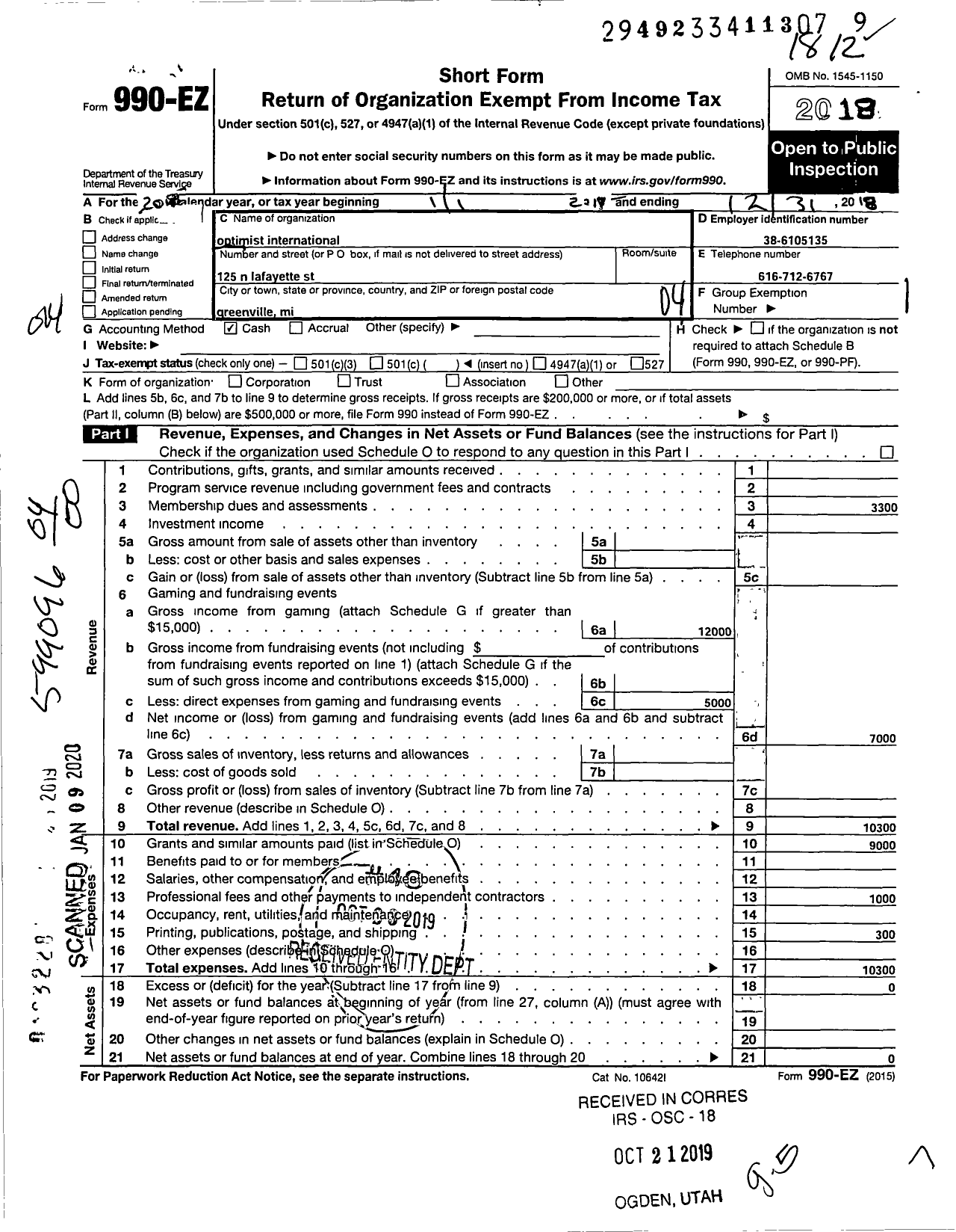 Image of first page of 2018 Form 990EO for Optimist International - 17185 Oc of Greenville Mi