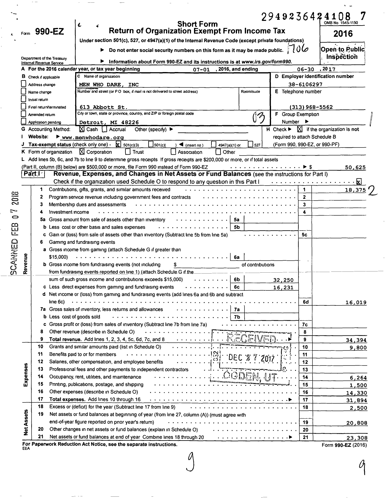 Image of first page of 2016 Form 990EZ for Men Who Dare