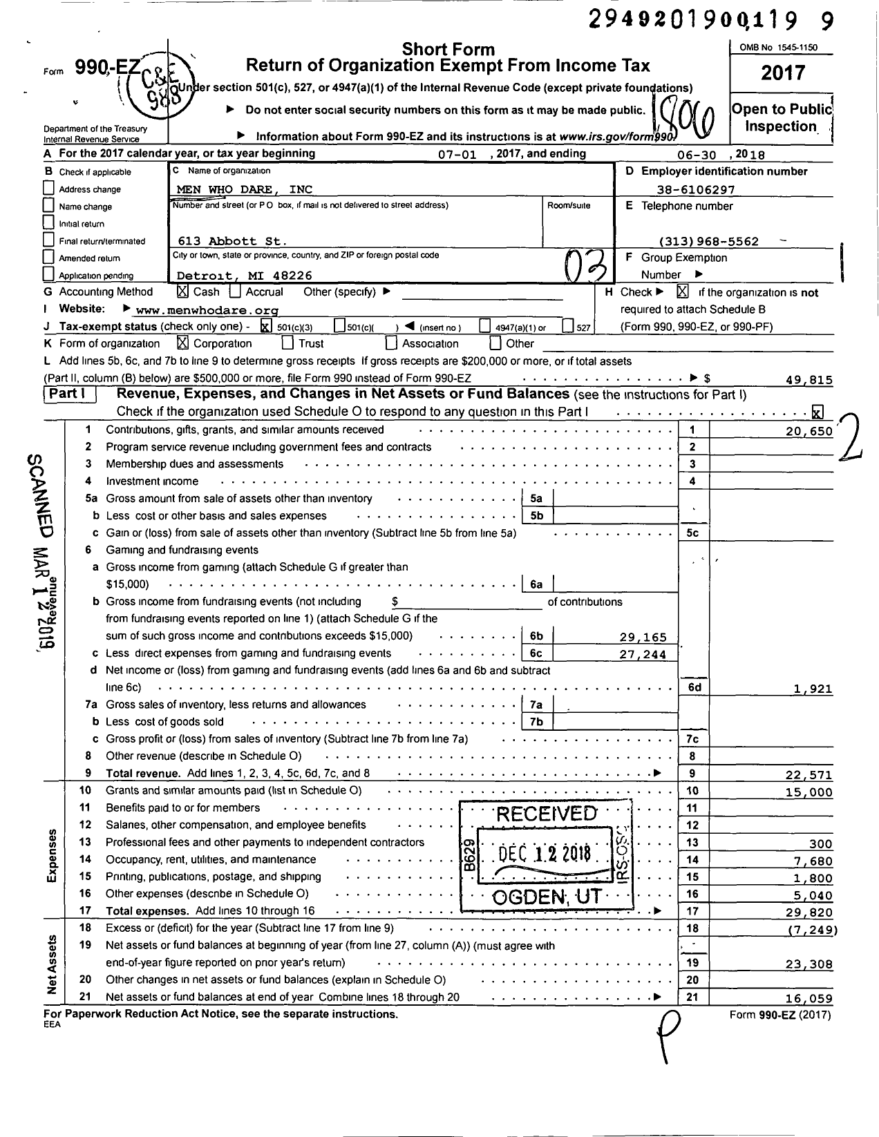 Image of first page of 2017 Form 990EZ for Men Who Dare