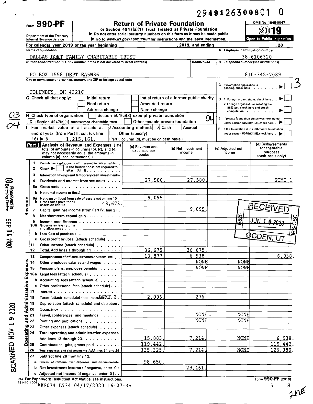 Image of first page of 2019 Form 990PF for Dallas Dort Family Charitable Trust