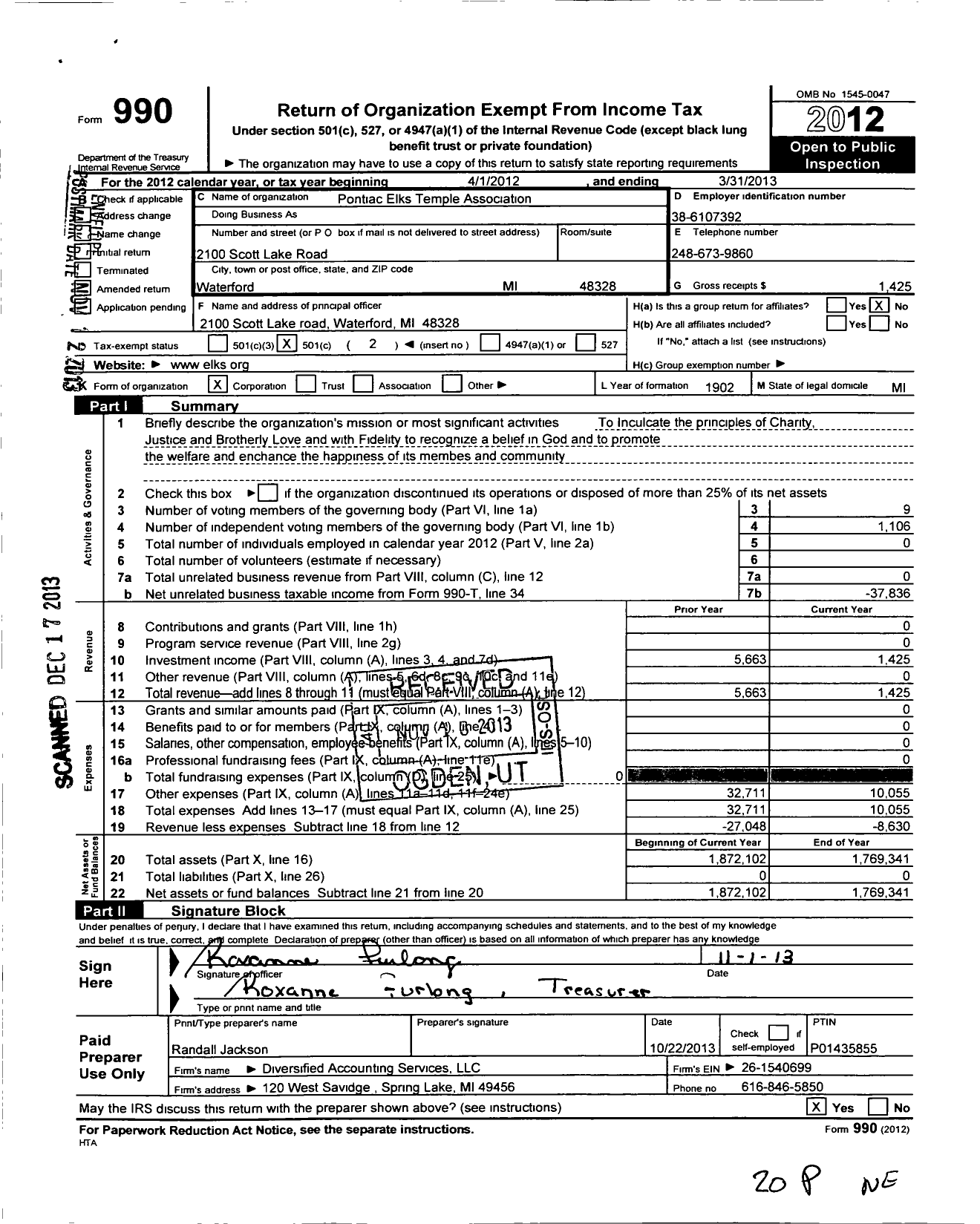 Image of first page of 2012 Form 990O for Pontiac Temple Association