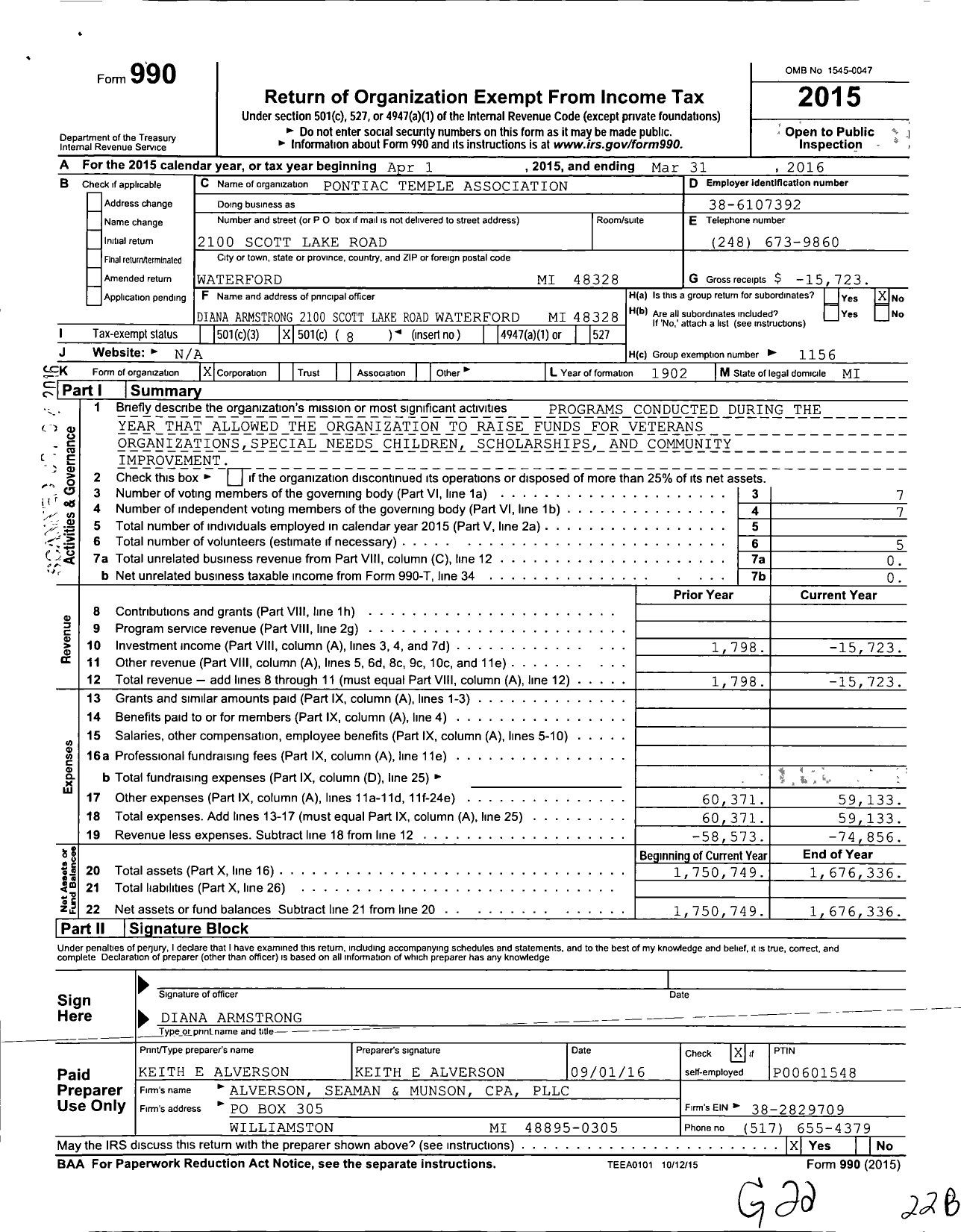 Image of first page of 2015 Form 990O for Pontiac Temple Association