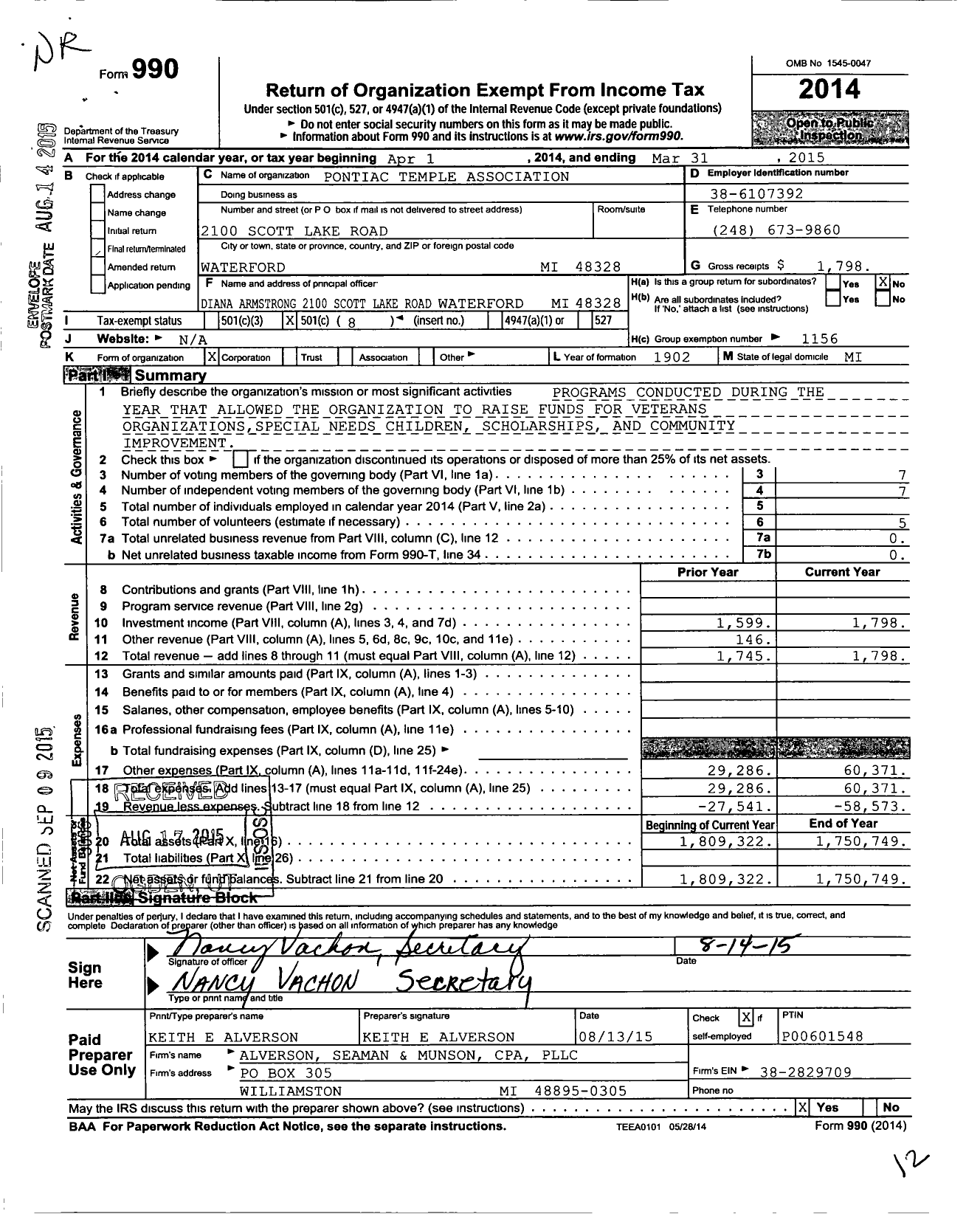 Image of first page of 2014 Form 990O for Pontiac Temple Association