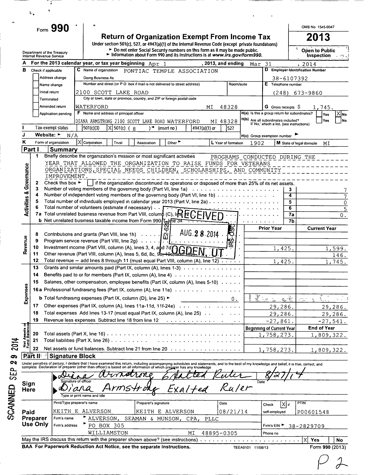 Image of first page of 2013 Form 990O for Pontiac Temple Association