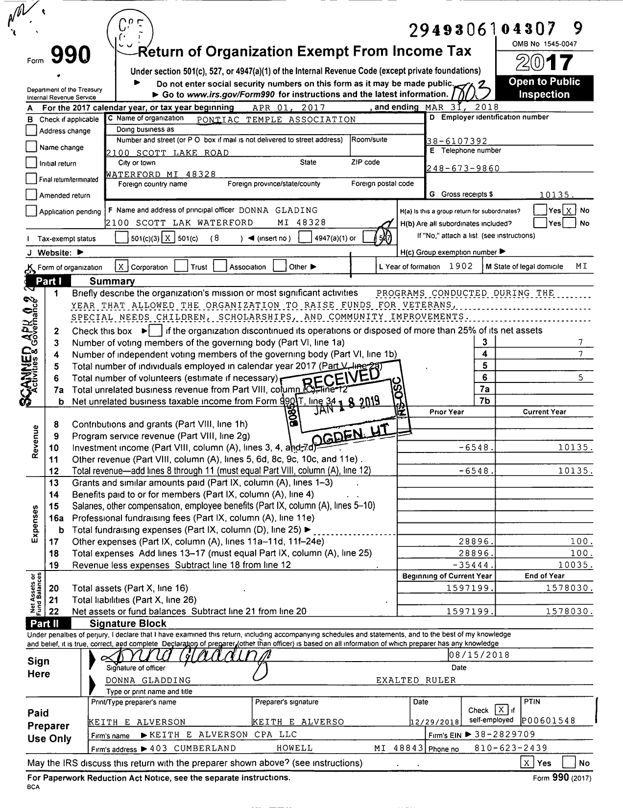 Image of first page of 2017 Form 990O for Pontiac Temple Association