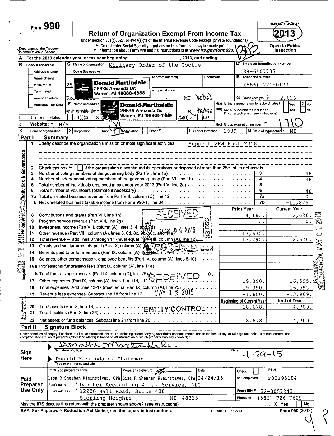 Image of first page of 2012 Form 990O for Military Order of the Cootie of the United States - 24 PT Rose Hub