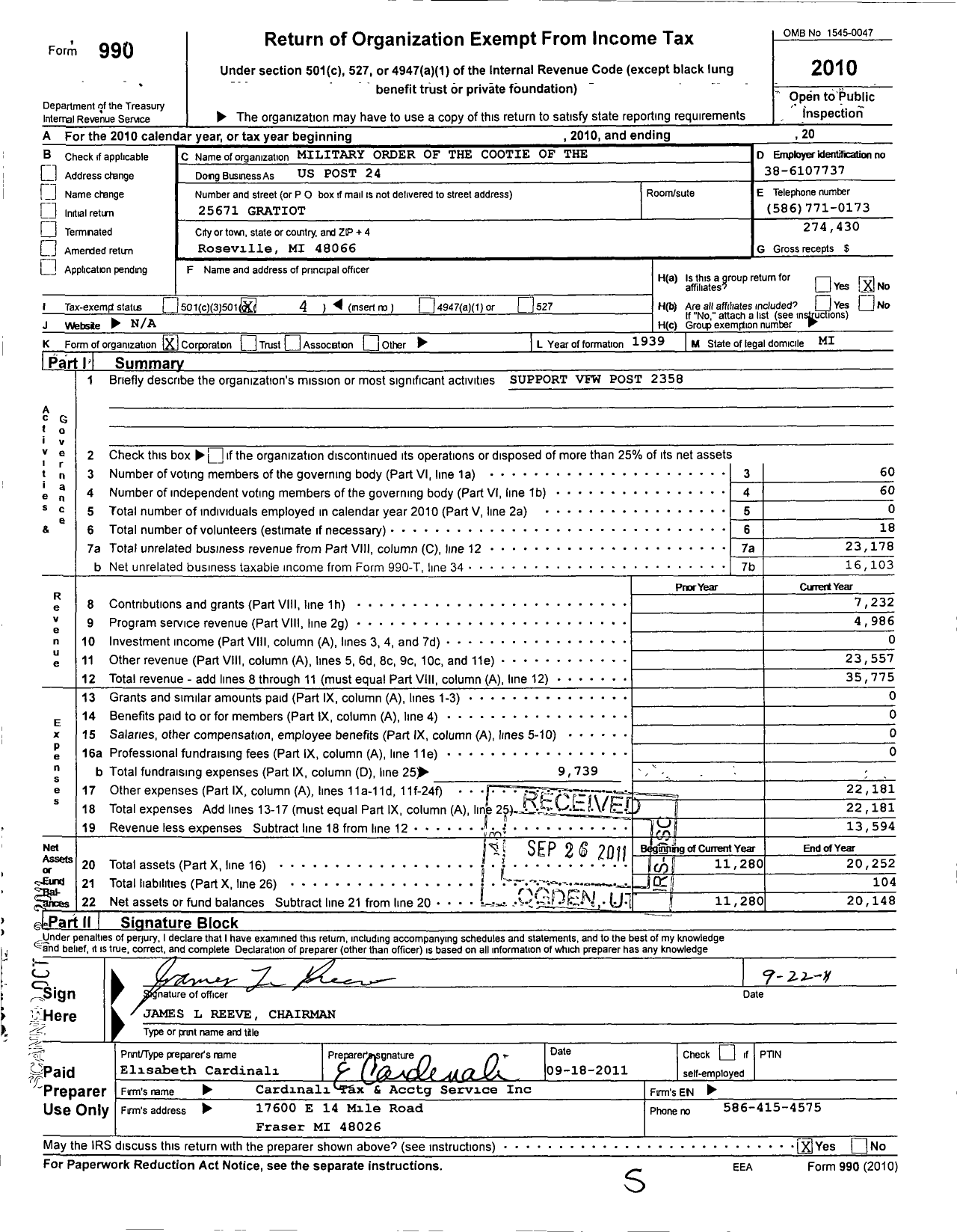 Image of first page of 2010 Form 990O for Military Order of the Cootie of the United States - 24 PT Rose Hub