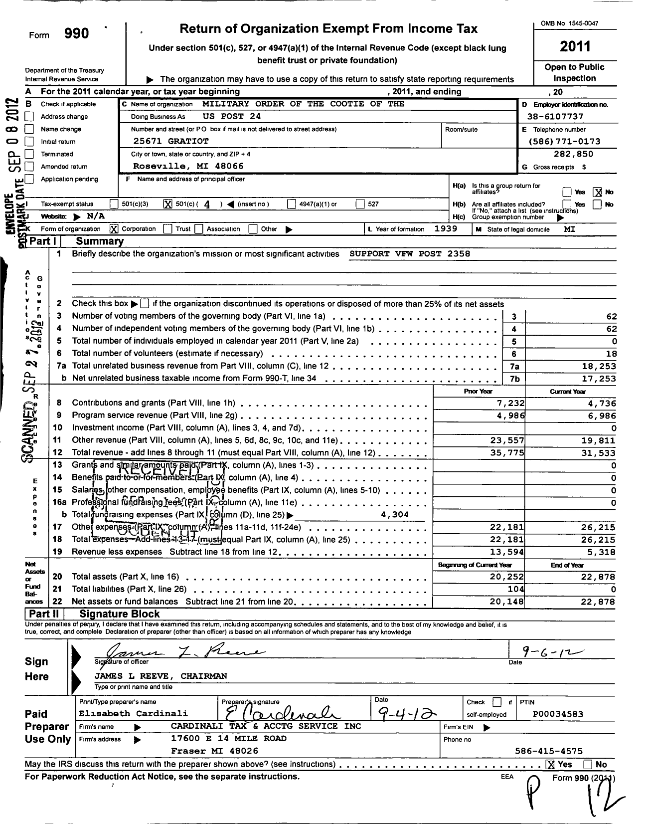 Image of first page of 2011 Form 990O for Military Order of the Cootie of the United States - 24 PT Rose Hub