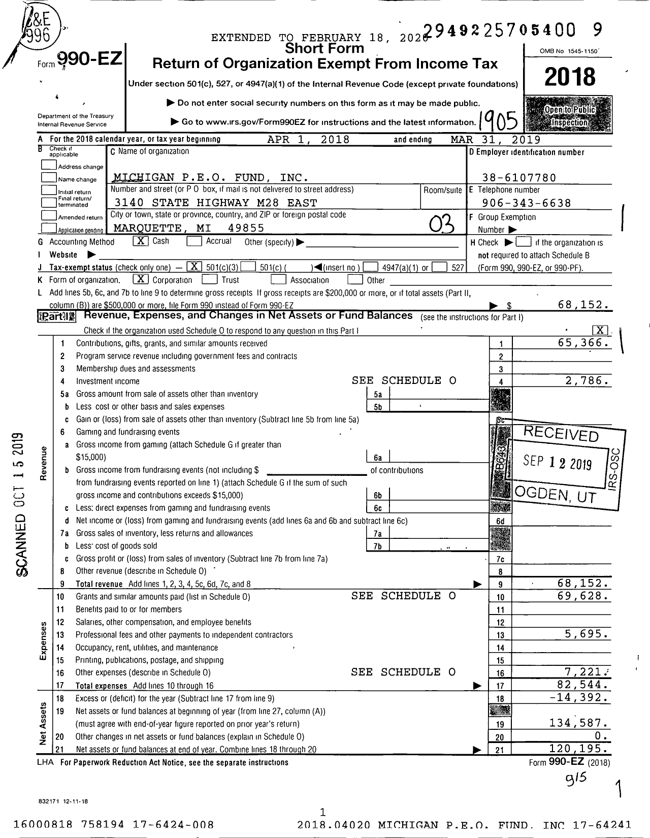 Image of first page of 2018 Form 990EZ for Michigan PEO Fund