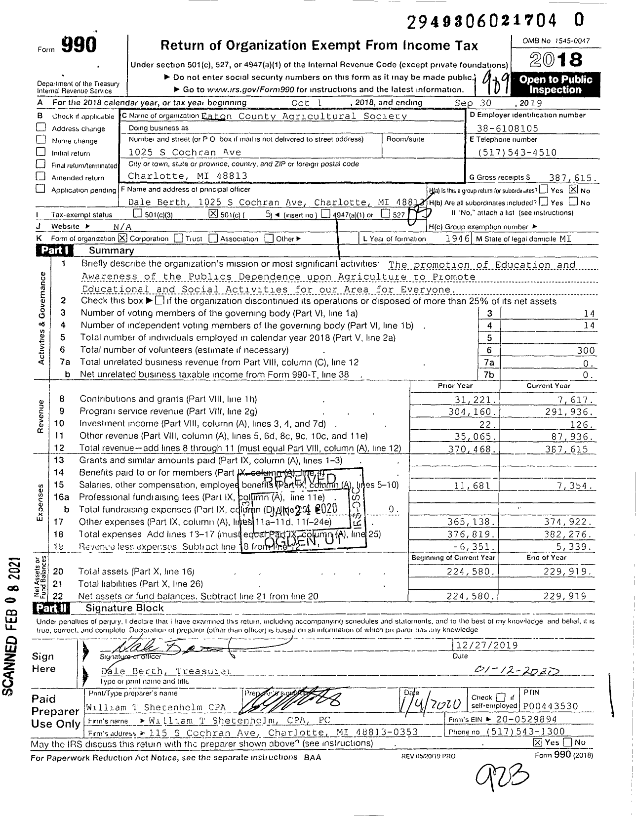 Image of first page of 2018 Form 990O for Eaton County Agricultural Society