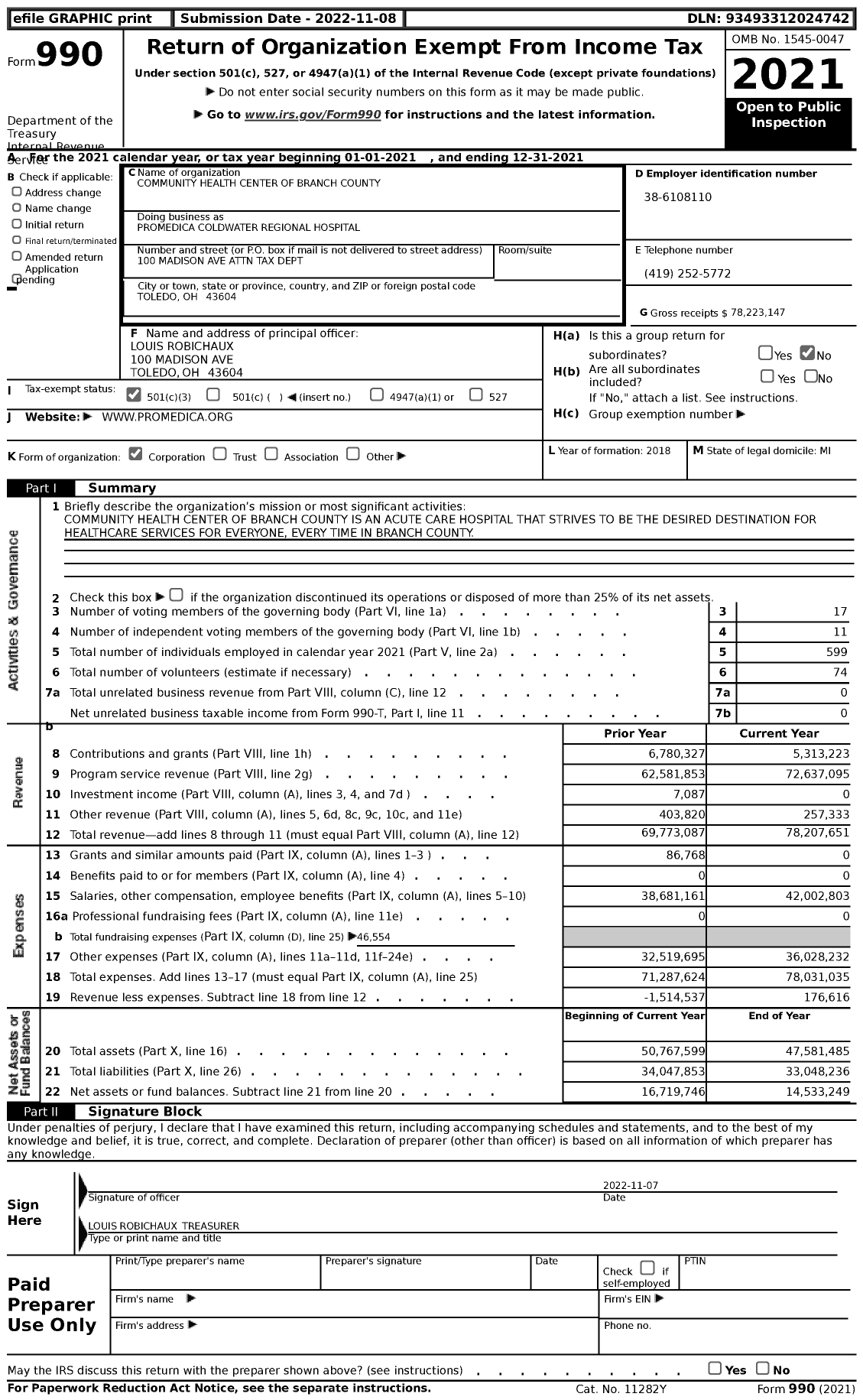 Image of first page of 2021 Form 990 for Promedica Coldwater Regional Hospital