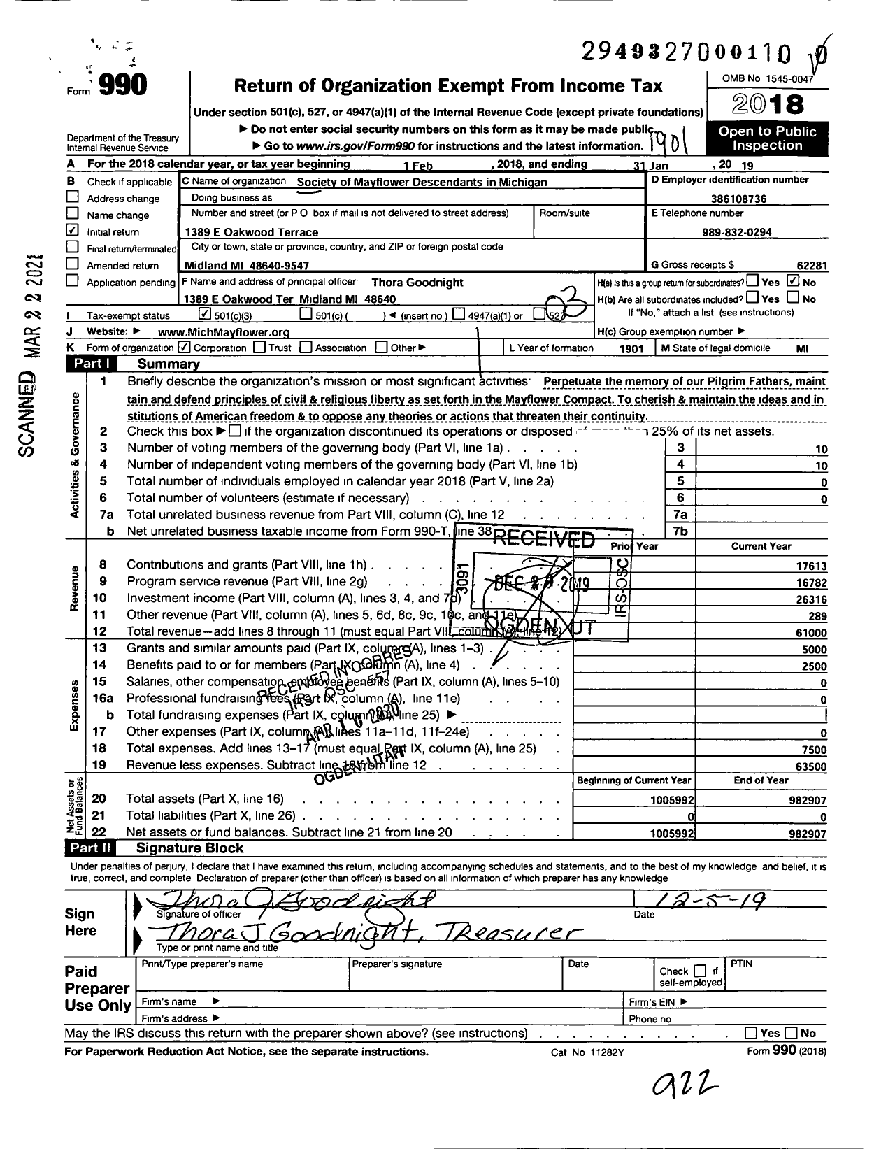 Image of first page of 2018 Form 990 for MICH Mayflower SMDM