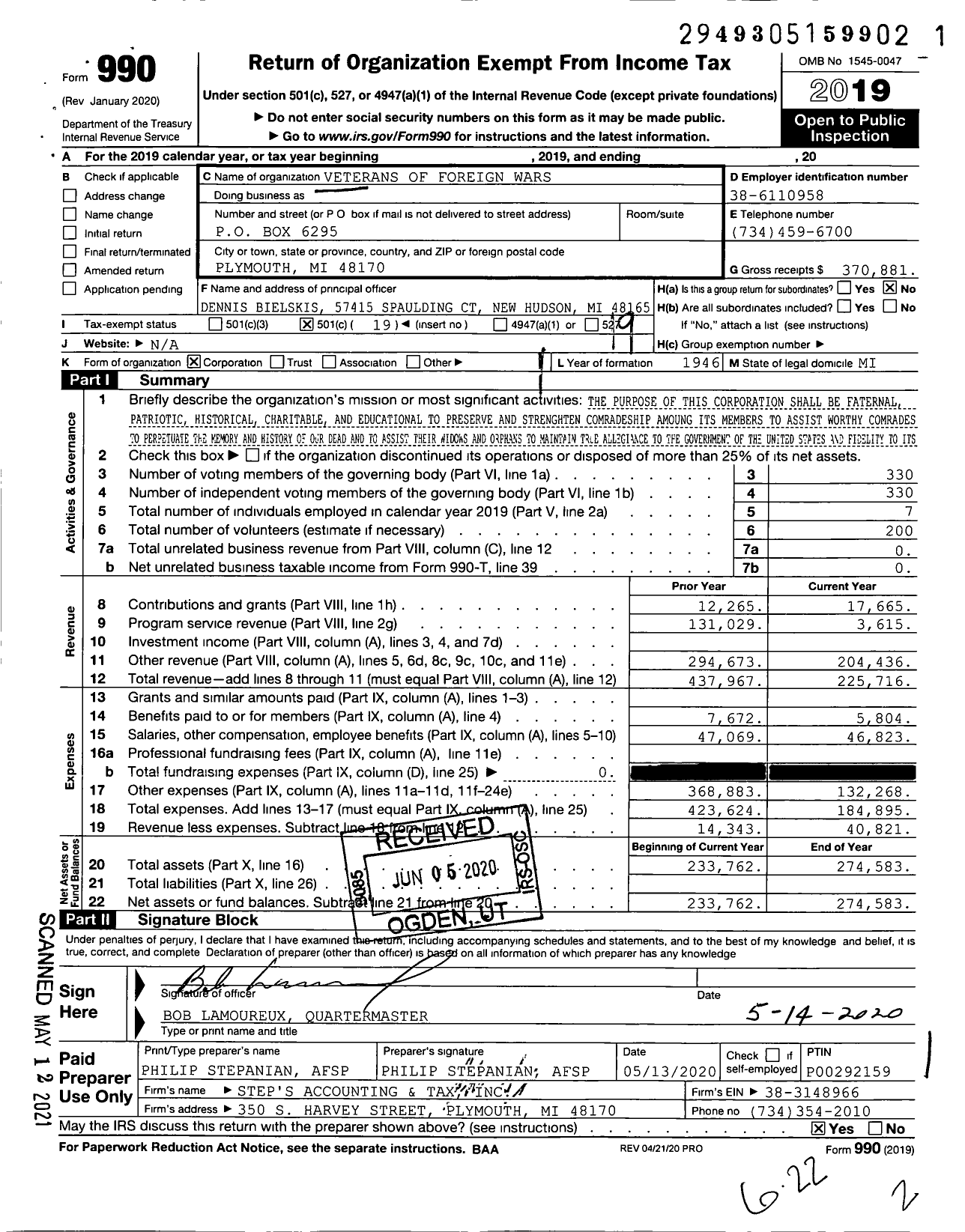 Image of first page of 2019 Form 990O for VFW Department of Michigan - Dist 4 6695 Mayflower LT Gamble