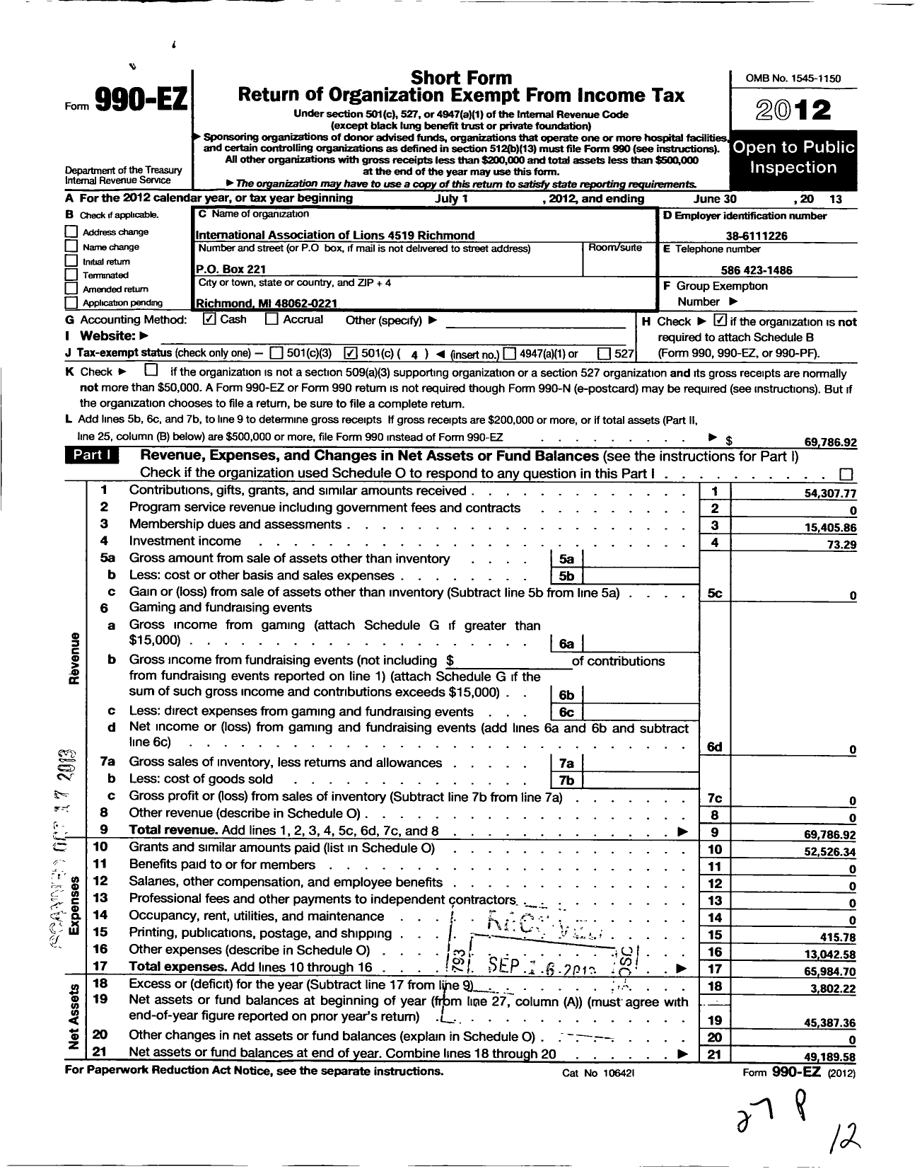 Image of first page of 2012 Form 990EO for Lions Clubs - 4519 Richmond