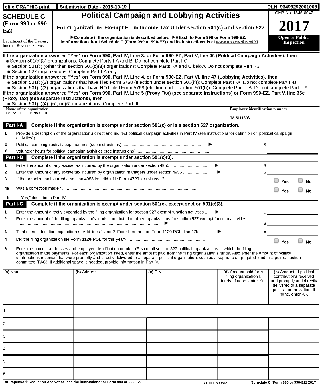 Image of first page of 2017 Form 990 for Lions Clubs - Imlay City Lions Club