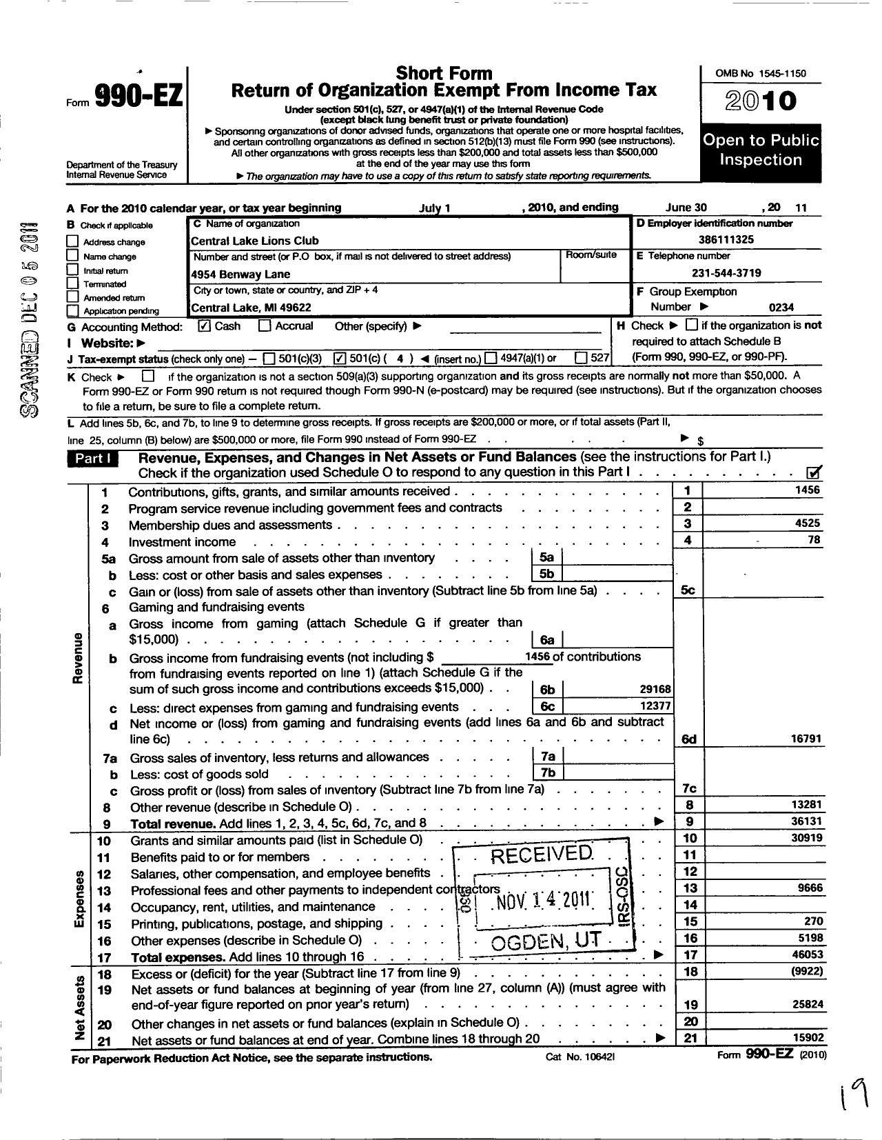 Image of first page of 2010 Form 990EO for Lions Clubs - 4816 Central Lake