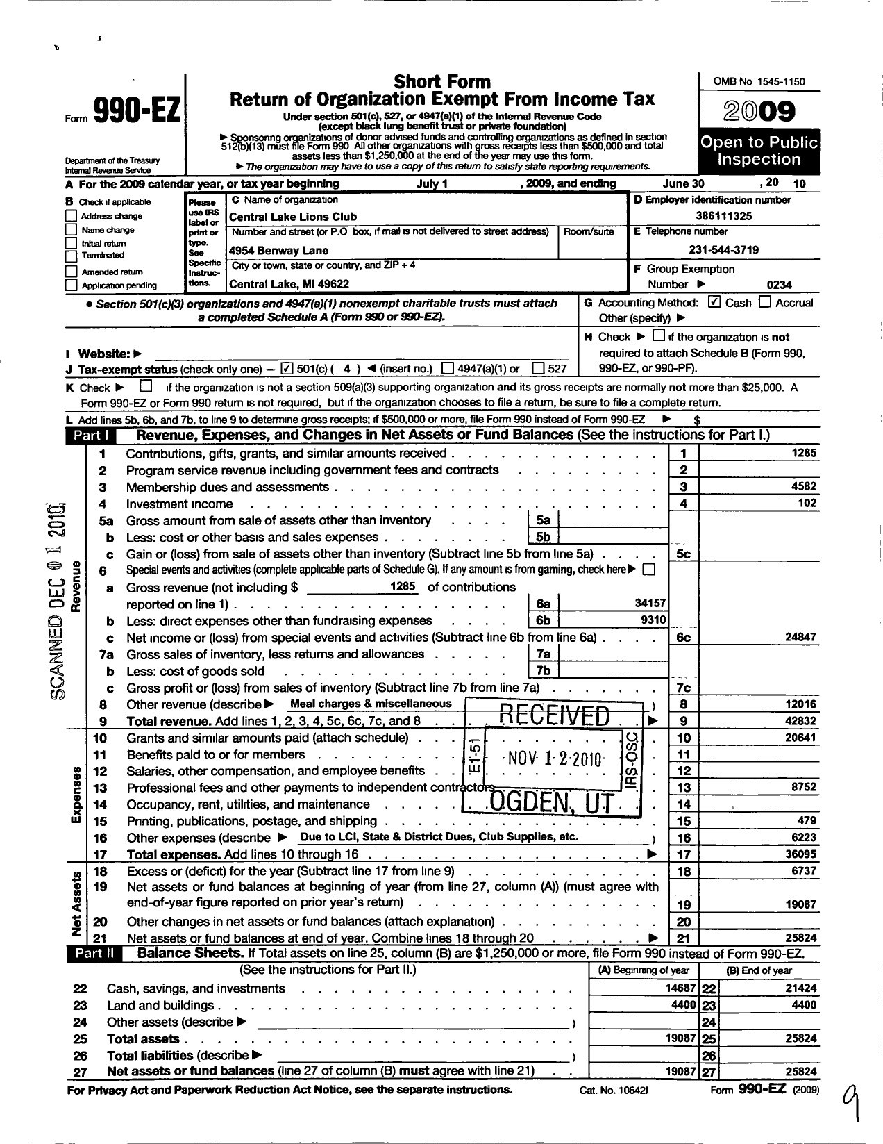 Image of first page of 2009 Form 990EO for Lions Clubs - 4816 Central Lake