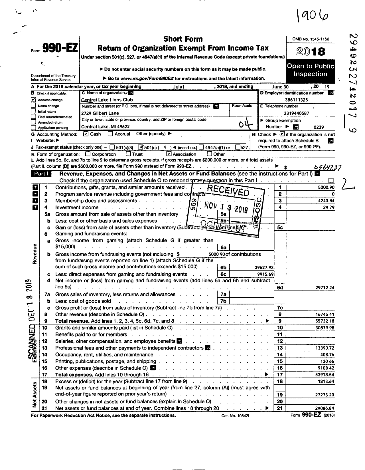 Image of first page of 2018 Form 990EO for Lions Clubs - 4816 Central Lake