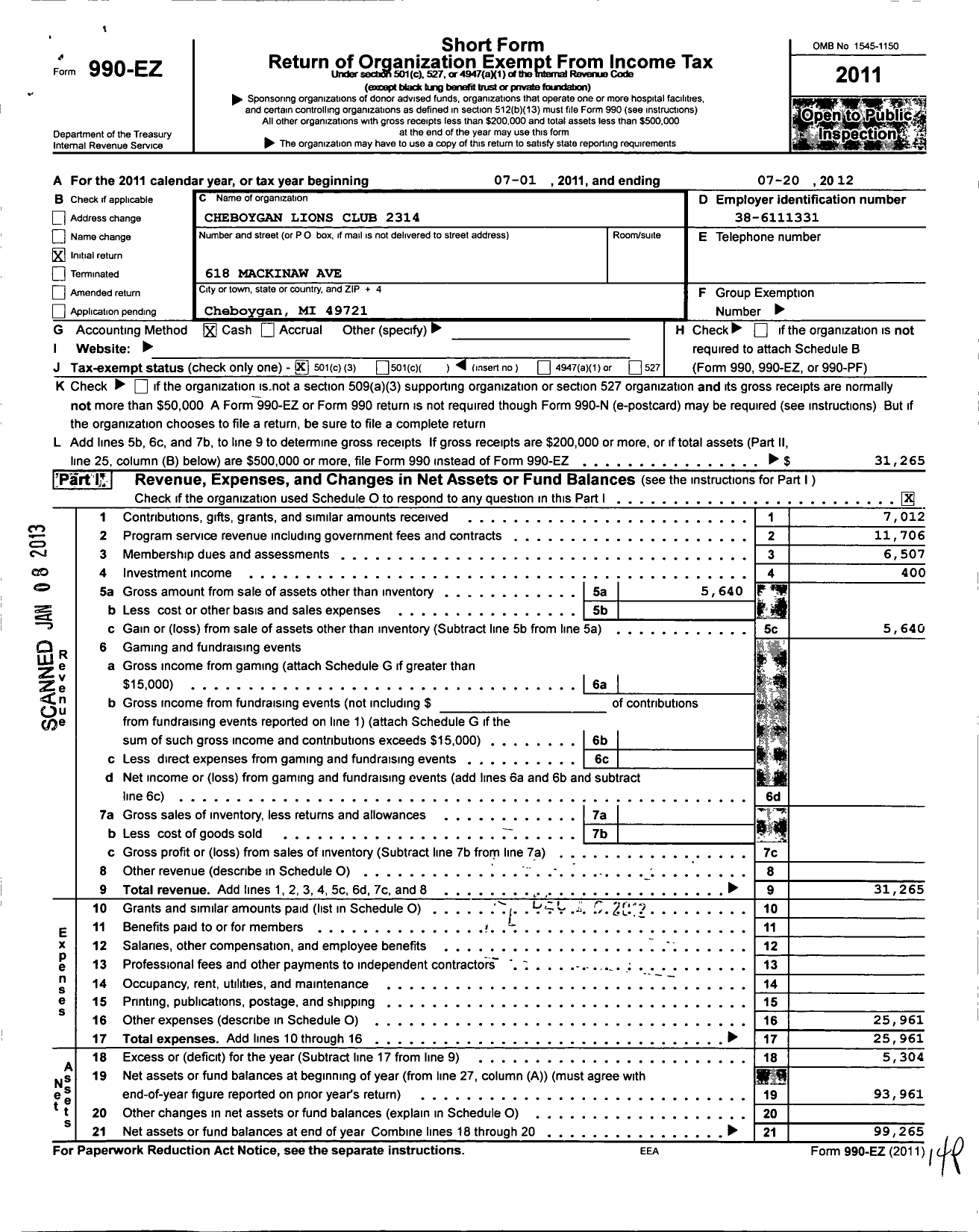 Image of first page of 2011 Form 990EZ for Cheboygan Lions Club