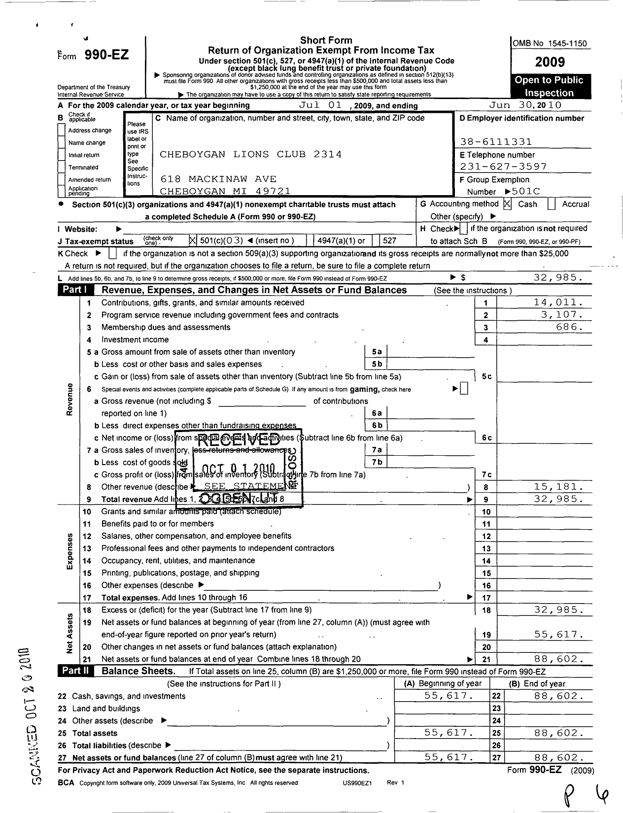 Image of first page of 2009 Form 990EZ for Cheboygan Lions Club