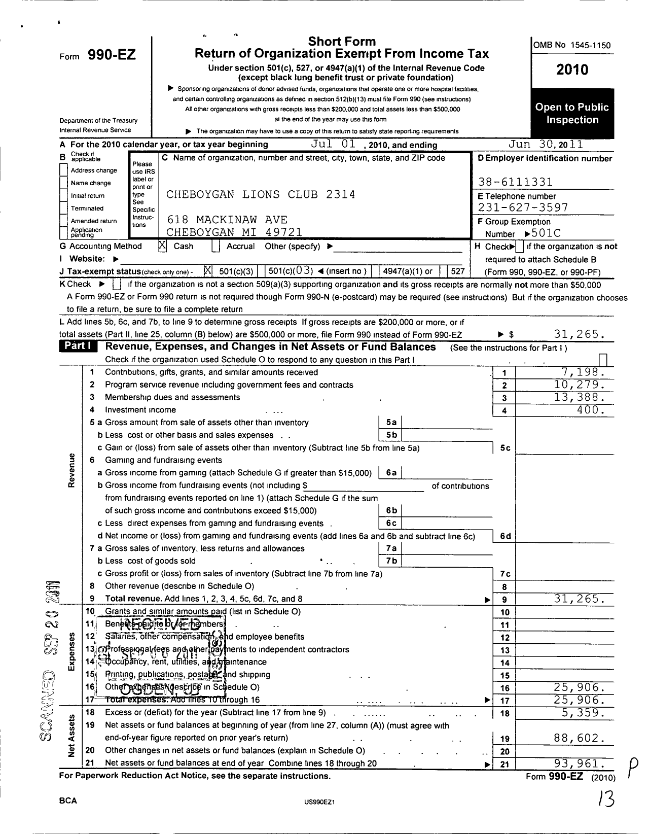 Image of first page of 2010 Form 990EZ for Cheboygan Lions Club