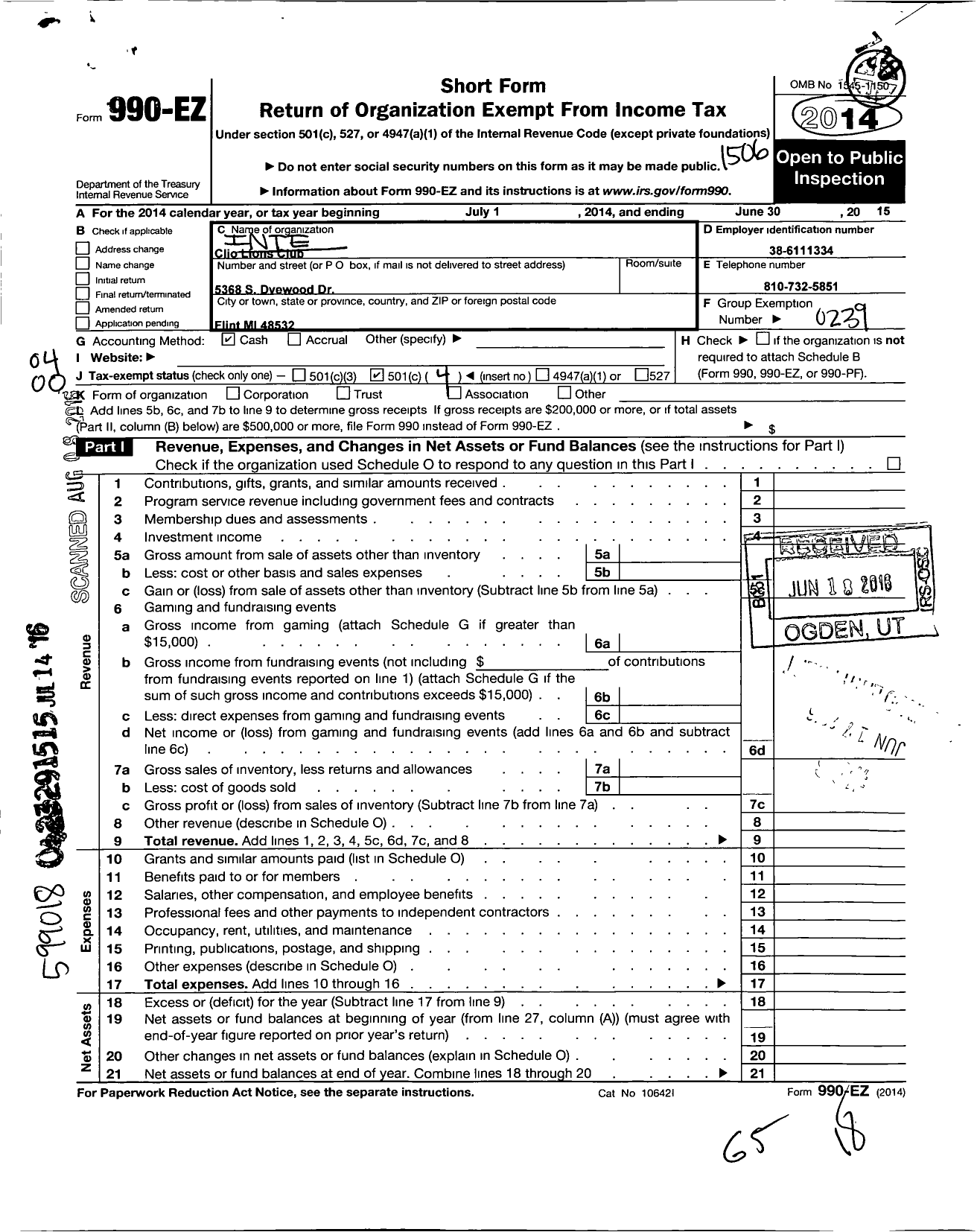 Image of first page of 2014 Form 990EO for Lions Clubs - 4735 Clio